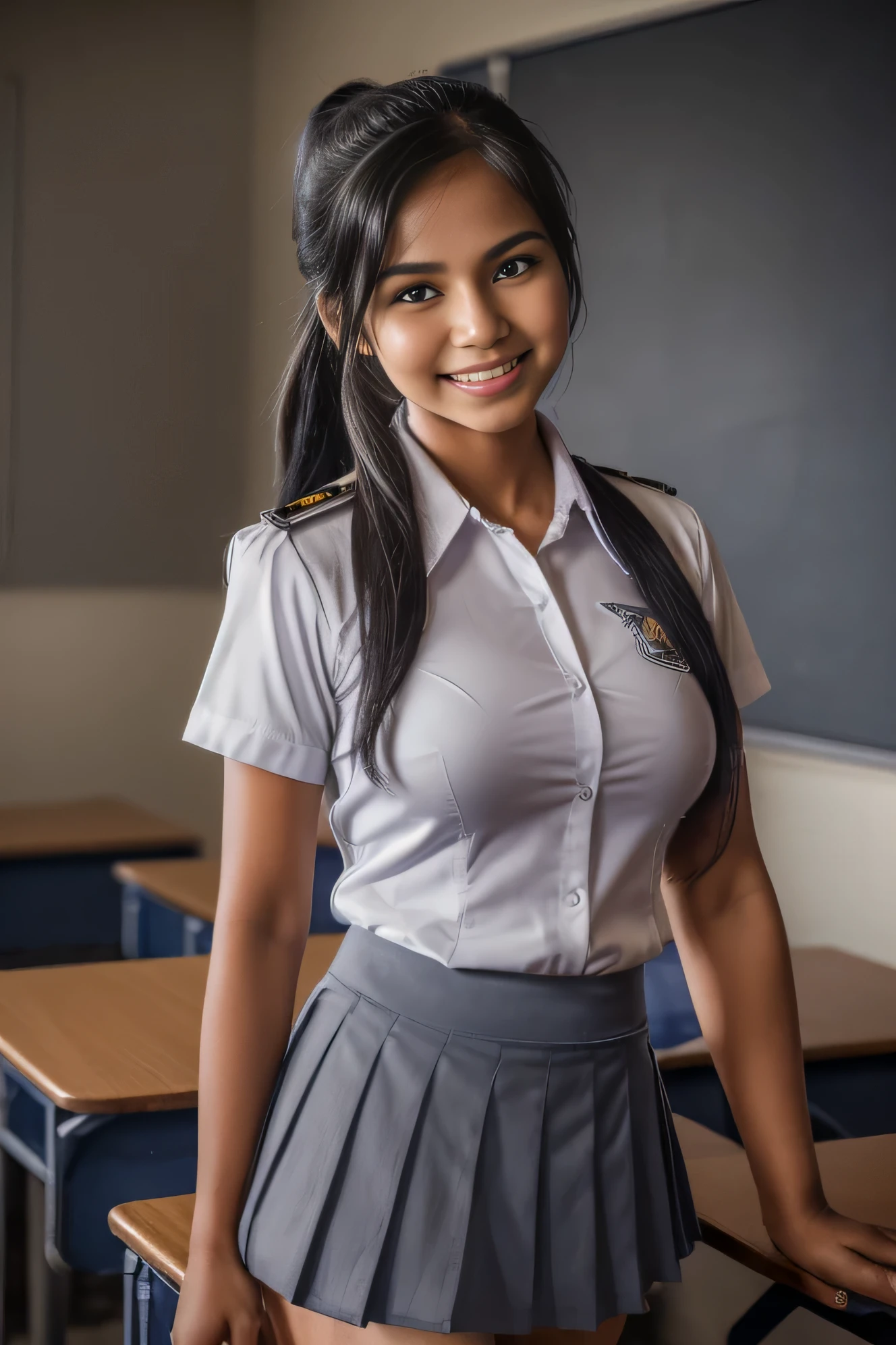 ((malay beautiful girl:1.5)) ((jakarta high school)) ((school uniforms:1.4)) ((panty shot:1.5)) ((full white shirt with button)) ((high school)),((blueish grey skirt:1.4)),white collar, open collar until chest, no tie, ((in the class room:1.3)) ((thin_fabric:1.4)) ((random sexy pose:1.3)) ((sweaty:1.5))((face is flushed:1.4)) ((big breasts:1.3)) ((close-up:1.2)) best quality,masterpiece,ultra high res,(photorealistic:1.4),raw photo,(Authentic skin texture:1.3),(film grain:1.3),panorama,character portrait,very wide shot,narrow waist,cowboy shot,(in the dark, deep shadow, low key, cold light,) night,(()),streaming tears,,dust,Tyndall effect,(expression),1girl,beautiful detailed eyes and face,white jabot,brown eyes,((black hair:1.2)) ((full body:1.3)) ((smile:1.3)) ((short ponytail)) ((osis school logo on chest,))