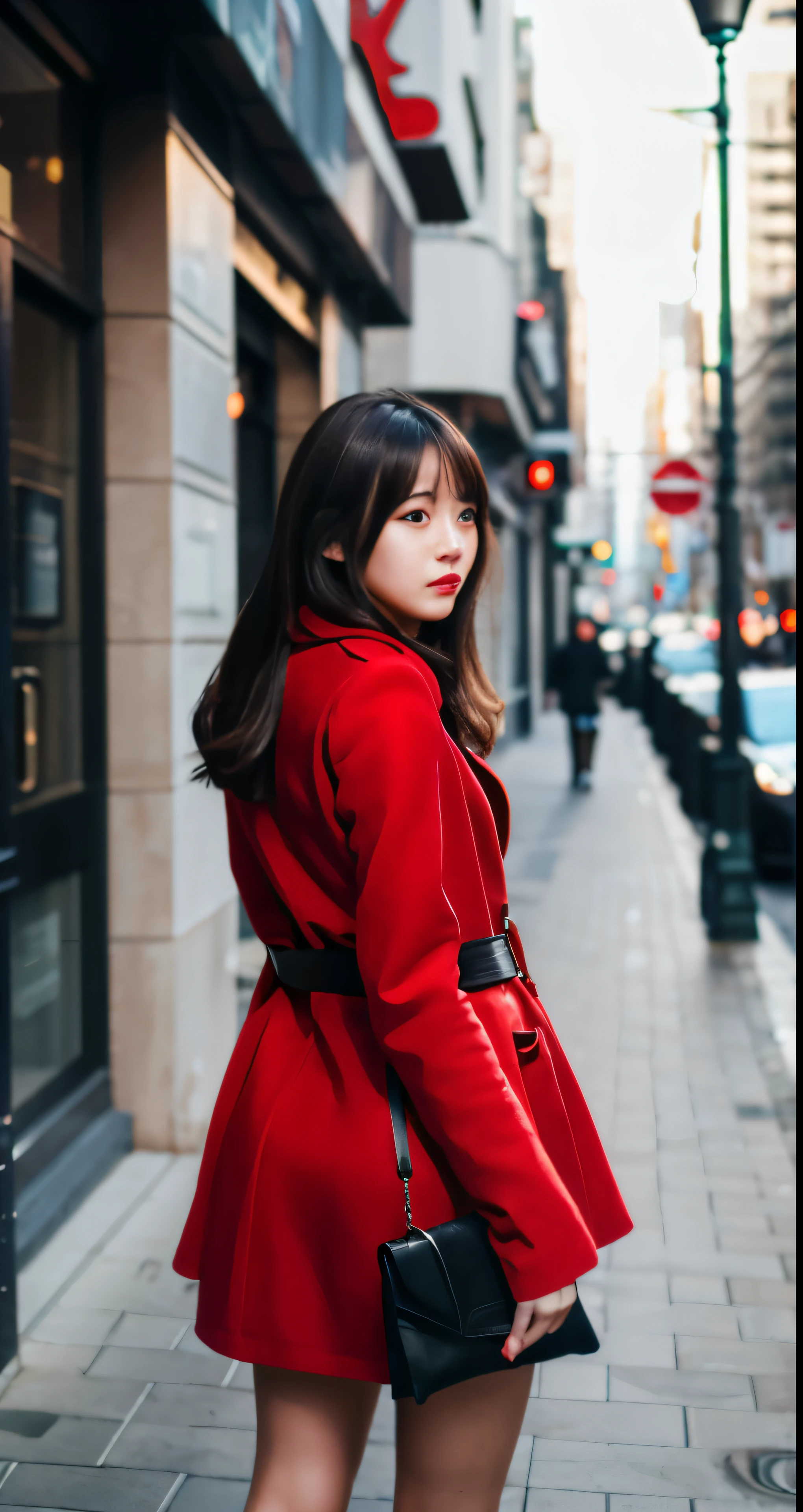 highres,masterpiece,best quality,extremely detailed,nsfw,1girl,city, street,arms behind back, black skirt, red coat, eye focus,