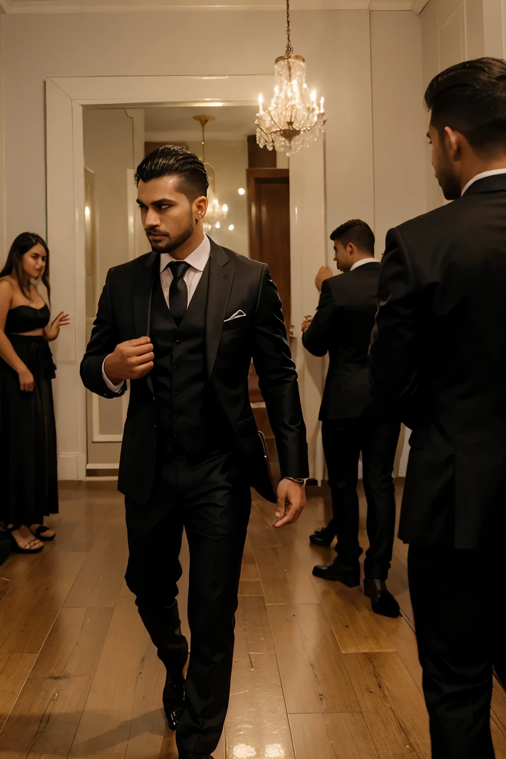 HOMBRE MISTERIOSO DE TRAJE CON UN SEMBLANTE MALVADO EN MEDIO DE UN SALON DE BAILE EN MEDIO DE LA NOCHE