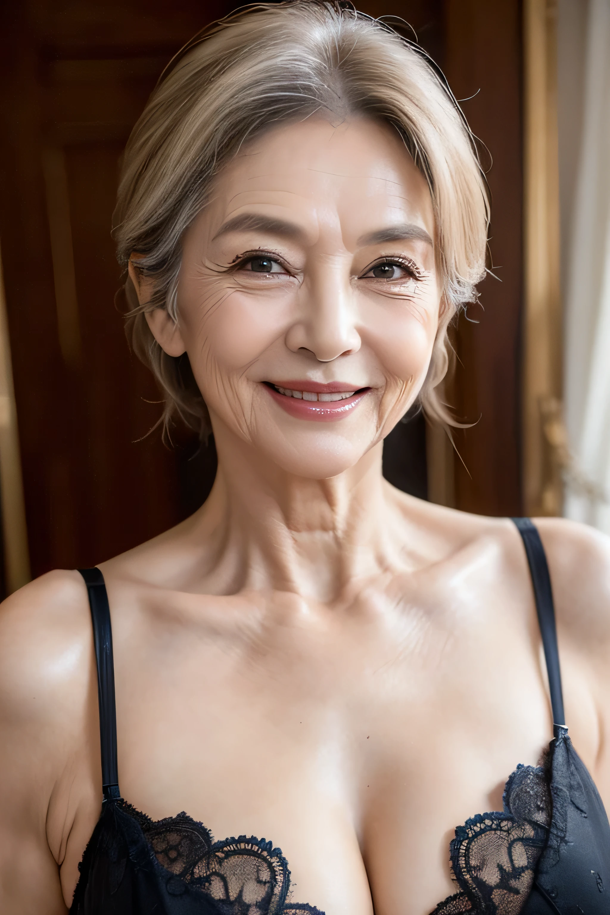 ((An unparalleled masterpiece、Highest quality、woman, 60 years old、(Wrinkled face:1.2)、(Wrinkled body:1.3)、Grin、Japanese Mature、((Skinny body:1.2))、Realistic lingerie、Getting changed in the living room、Gray Hair