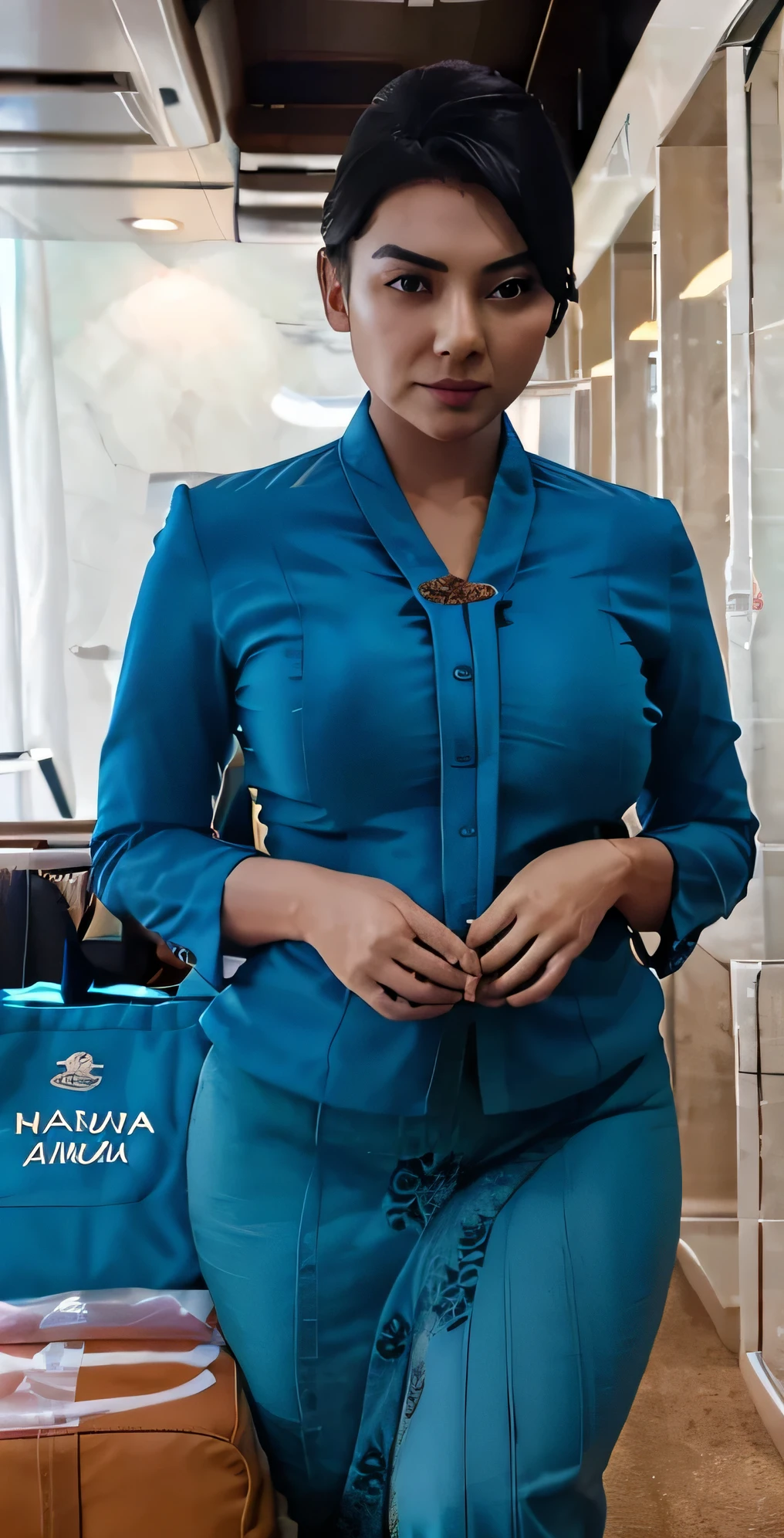 Indoor airlines,black hair, indonesian,wearing garudaindonesia uniform,white skin,large breastasterpiece),((nsfw)),busty,big breasts,huge breasts,gigantic breasts,tight,long sleeves