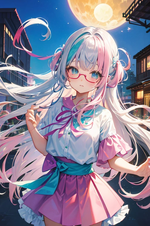 (rainbow colored hair, colorful hair, half silver、half pink hair: 1.2), ,long hair、(Cinematic digital artwork: 1.3), high quality, table top, Turquoise eyes、最high qualityの, Super detailed, figure, [4K digital art]!!、 Kyoto animation style, one woman, clavicleの美しさ, clavicle, light, want, blue sky, positive, Dead leaves dance、full moon、floral clothes、polka dot skirt、sunset, motivation, shine, dynamic perspective、Blue glasses、Green ribbon