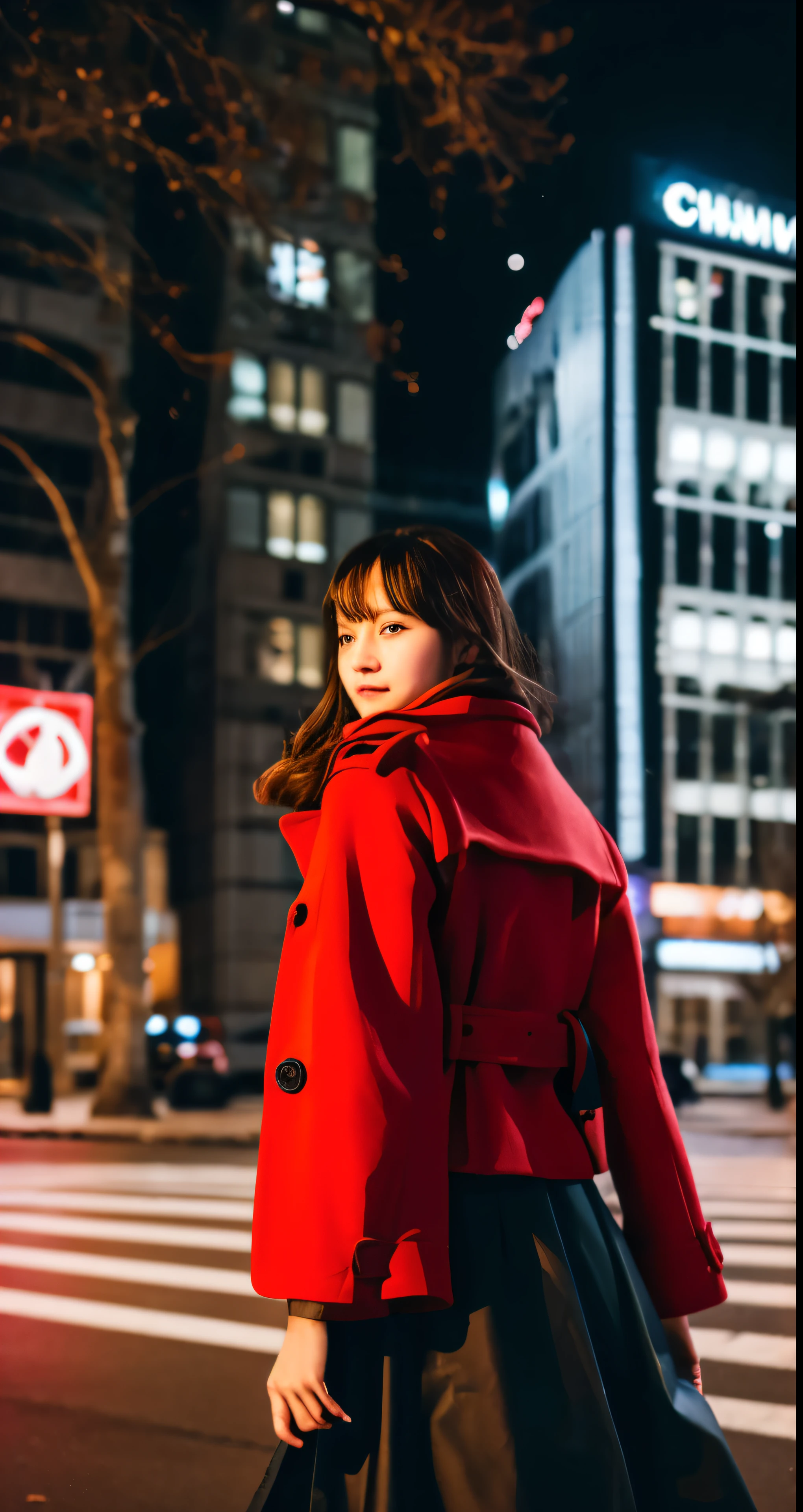highres,masterpiece,best quality,extremely detailed,nsfw,1girl,city, street,arms behind back, black skirt, red coat, eye focus,
