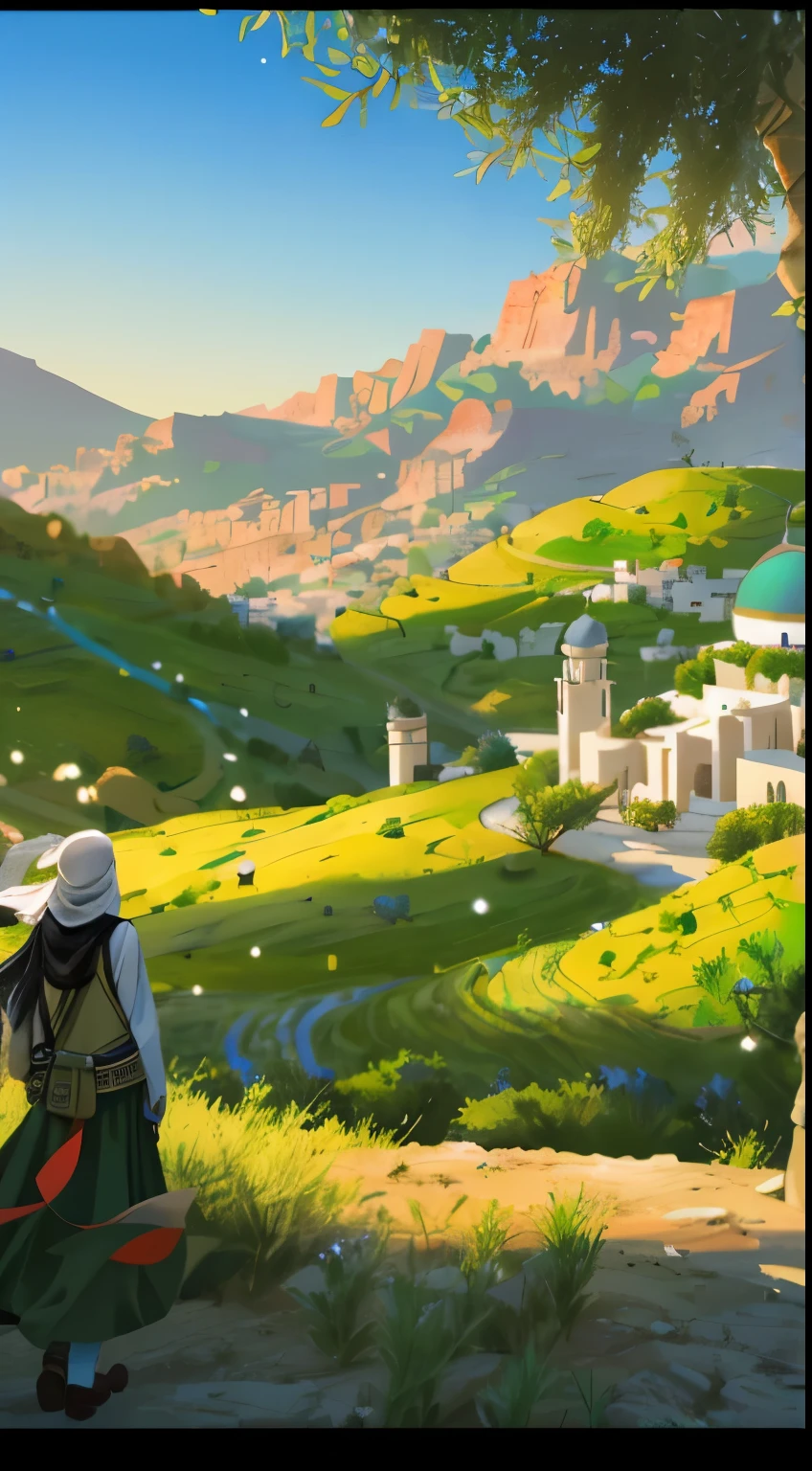 Create a captivating digital artwork depicting a serene and beautiful (futuristic) Palestine countryside, featuring olive trees, including men wearing traditional keffiyeh, women wearing hijab, and children playing. Highlight the beauty of the surroundings with surreal landscapes. Let the scene evoke a sense of hope, harmony, and progress amidst the rich cultural heritage of Palestine.