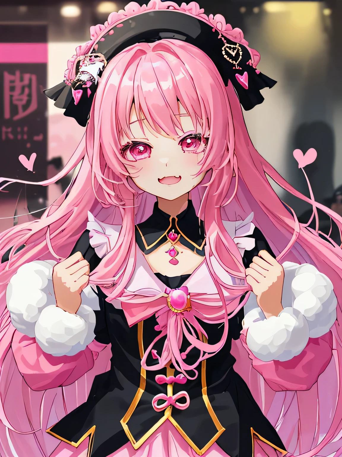 Xu high quality、Two-dimensional beautiful girl、cute、girl、Dark pink hair、The hairstyle is long hair、lots of races、clothes with pink jewels、cute costume、Original image 8K、Idol、live、that'winking at me、clothes with heart jewelry、independent、Clothes with a collar、Fluffy short sleeves、Fluffy skirt、zoom on face、The background is beautiful、super high quality、cute hairstyle、eyes are shining