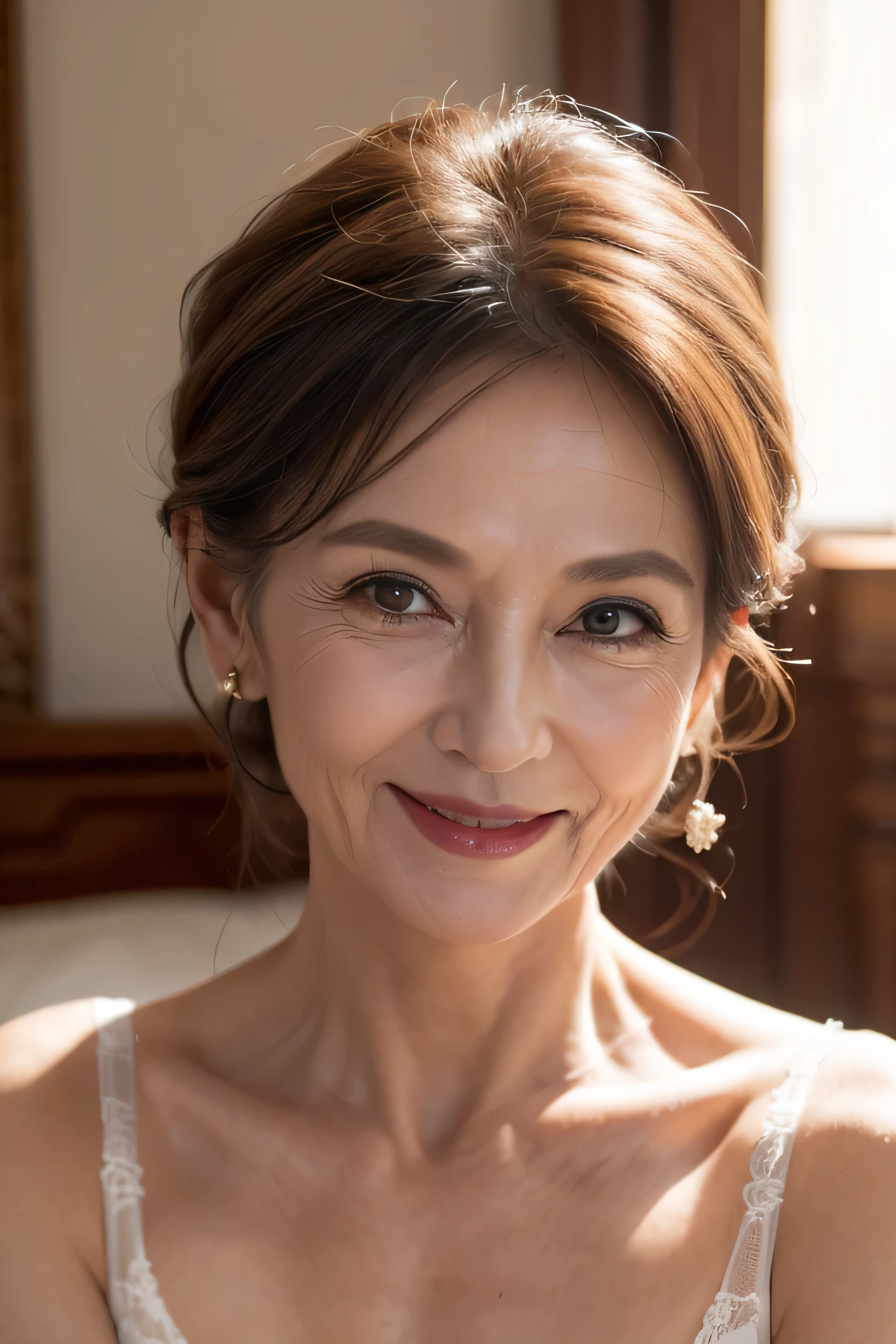 (Masterpiece:1.4),(60-year-old woman:1.4),(Wrinkles on the face1.2),smile,lingerie