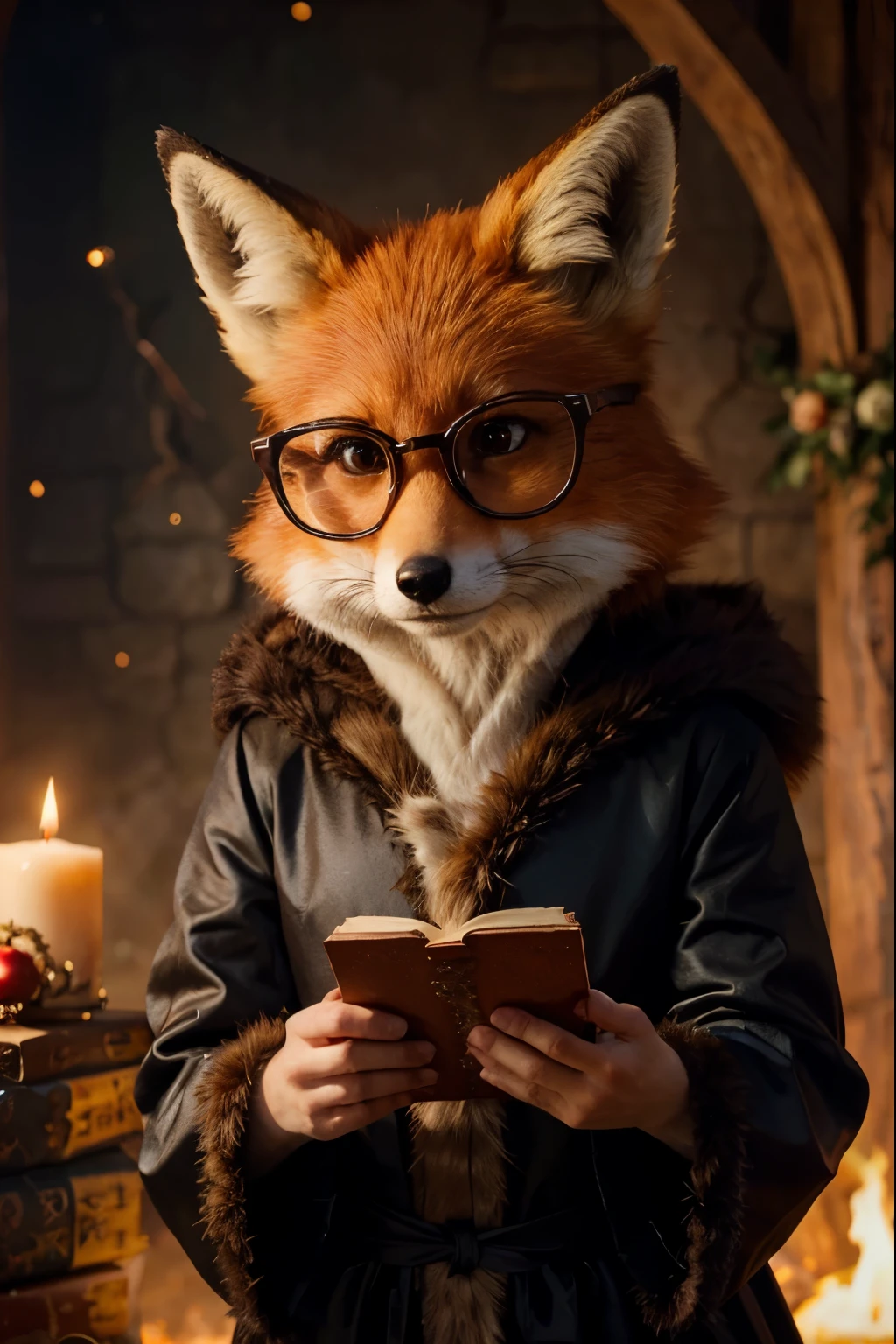 An anthropomorphic fox with realistic fur and sad expression, with glasses Dressed in advanced sorcerer&#39;s robes, de pie con orgullo sobre un fondo de majestuoso acantilado.