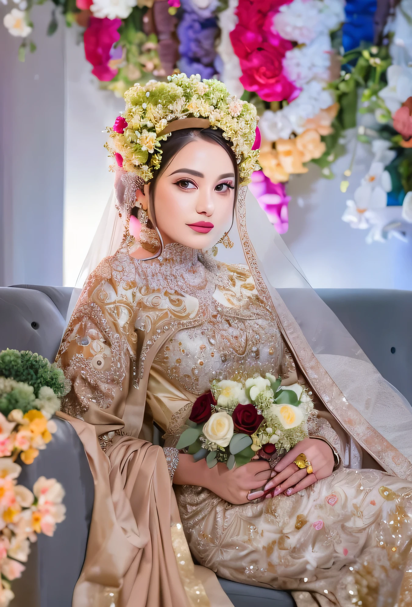 bride in a gold dress sitting on a couch with flowers, bride, wedding, photo taken with nikon d 7 5 0, photo taken with nikon d750, beautiful woman, wedding photography, taken with canon 5d mk4, shot on nikon z9, profesional photography, inspired by reyna rochin, captured on canon eos r 6, ((small head))