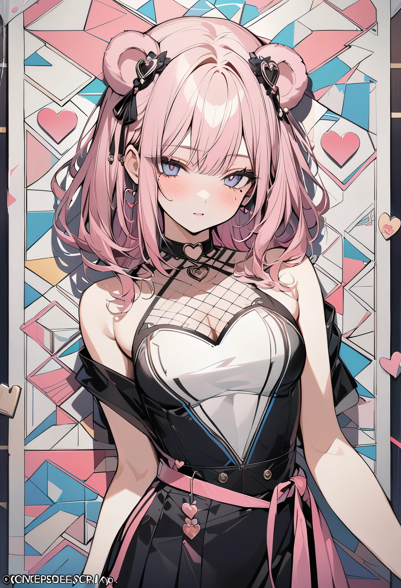 ,beautiful flower々）,mole under eye, heart shaped choker, (masterpiece, highest quality), official art, beautiful and aesthetic: 1.2), (1 girl), very detailed, (geometry art: 1.3), colorful、pink bob hair、bear ears、 whole body