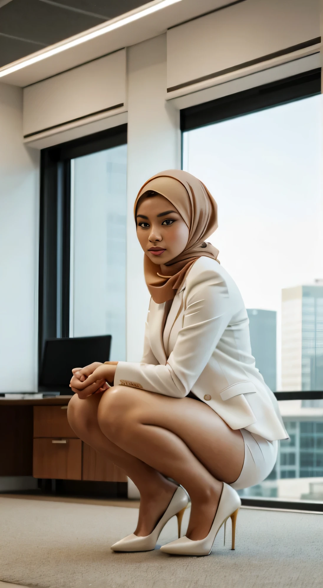 "A malay hijab girl, in the office  squatting looking straight ahead,  The legs are spread in an M shape with both hands folded behind their backs. She wears a white blazer and a white short skirt. I'm wearing high heels." It emphasizes realism in every detail of the image, especially in the eyes. This official art Unreal 8k wallpaper  a very detailed, beautiful, aesthetic masterpiece and of the highest quality. The use of dynamic angles shows the elegance and romanticism of the image. This character has small breasts, see-through panties, and  in the shape of a camel toe. ((small head:1.2))"