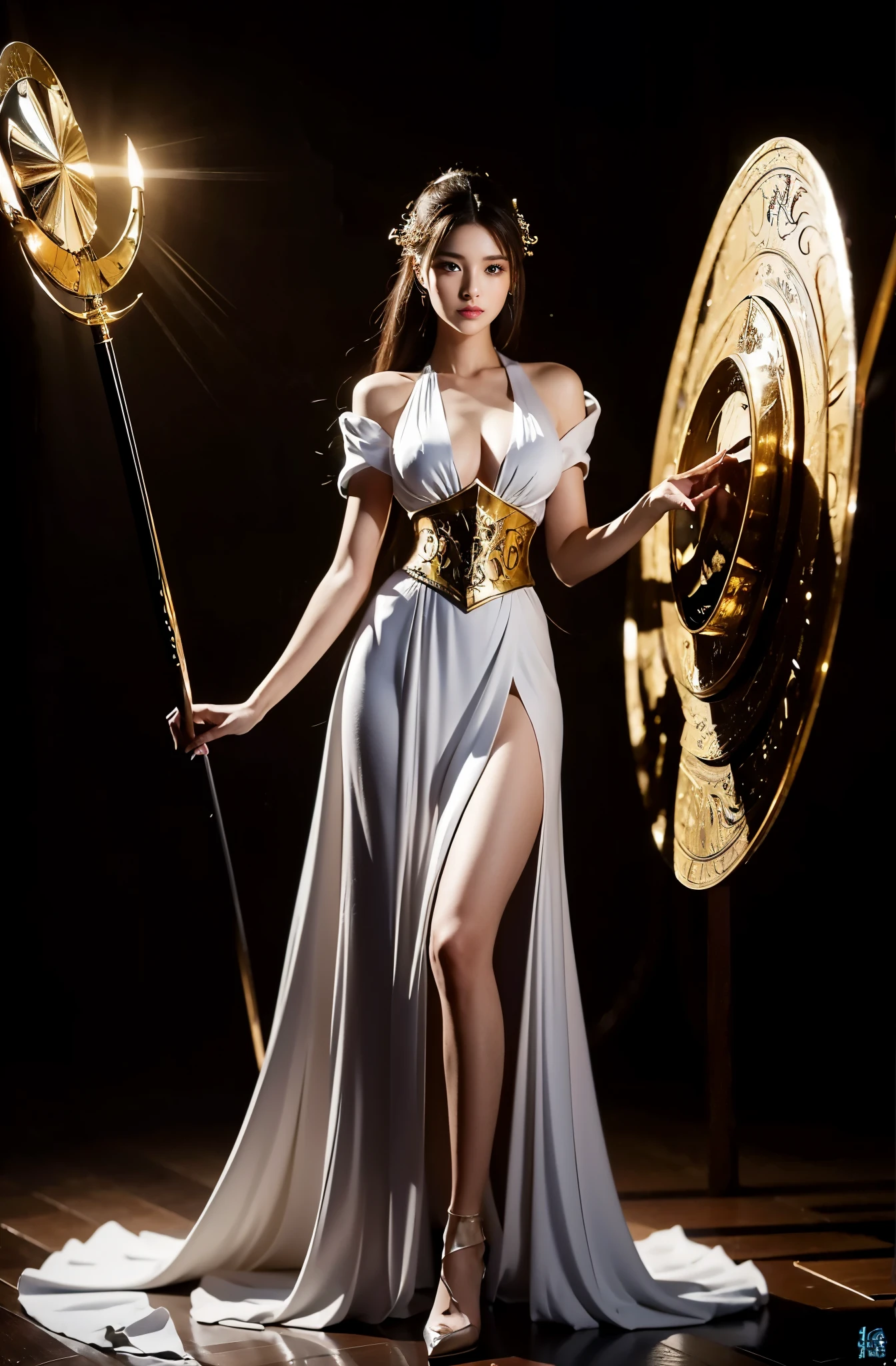 A woman in a white dress holding a sword and shield, Movie goddess full body photo, elegant Fascinating role play, Huge stunning goddess photo shoot, Dreamy and gorgeous lights, beautiful fantasy queen, Gorgeous role play, Fascinating role play, Gorgeous Leo Goddess, Movie goddess shooting, Fantasy Photography, fantasy costumes, zodiac knight girl, beautiful goddess, Gorgeous Chinese model，((8k+ultra high resolution+ultra high definition+masterpiece+Very detailed+Award-winning+The award-winning)),(perfect face+supermodel+Delicate skin+high ponytail+huge breasts+perfect hands+beautiful hands+perfect hands指+beautiful hands指+perfect legs+perfect feet),[[[muscle]]],(((anatomically correct))) ,