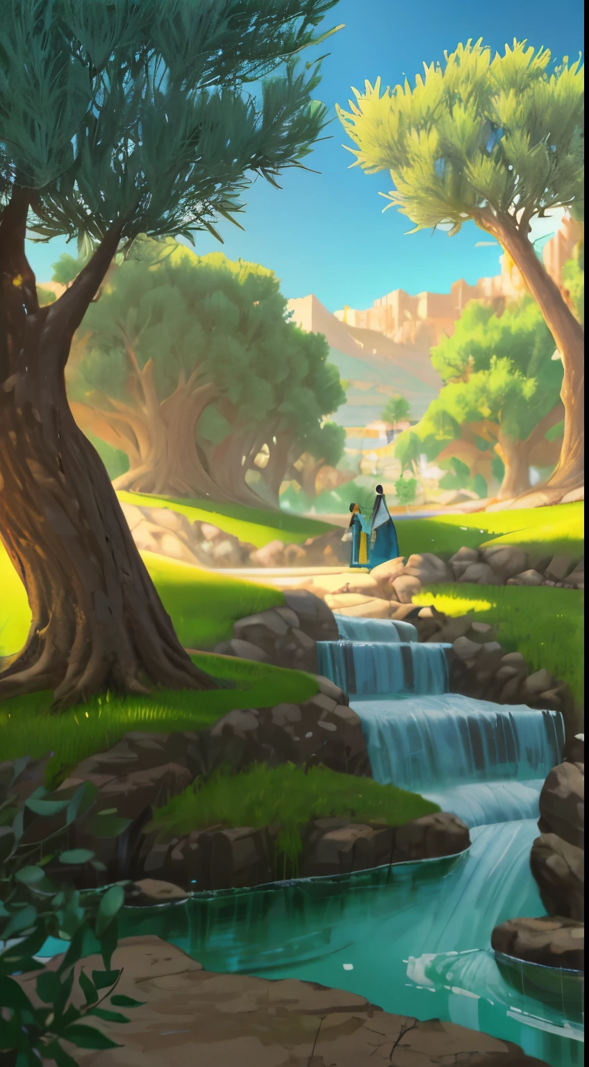 Create a captivating digital artwork depicting a serene and beautiful (futuristic) Palestine countryside, featuring olive trees, including men wearing traditional keffiyeh, women wearing hijab, and children playing. Highlight the beauty of the surroundings with surreal landscapes. Let the scene evoke a sense of hope, harmony, and progress amidst the rich cultural heritage of Palestine.