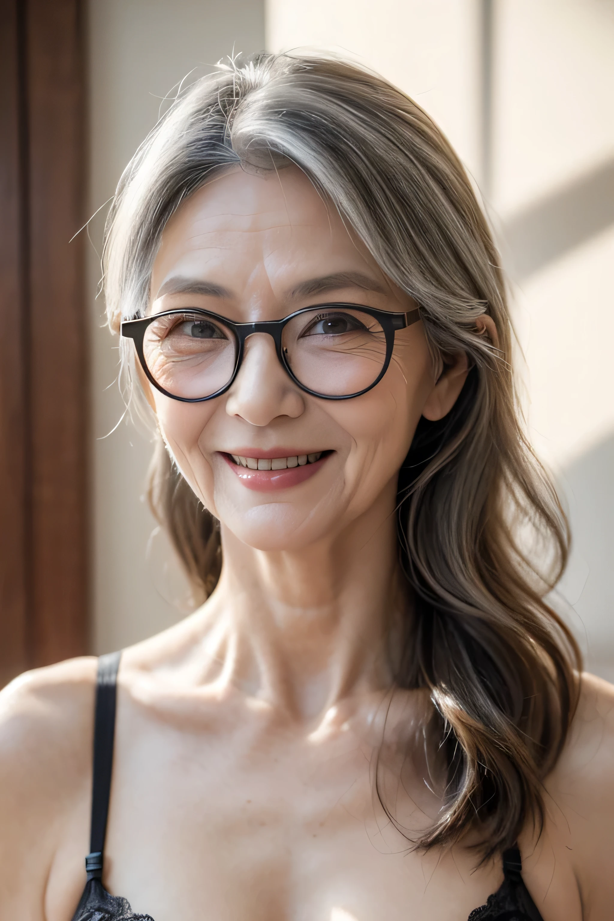 (Masterpiece:1.4),(60-year-old woman:1.4),(Wrinkles on the face1.2),smile,lingerie,gray hair,round glasses