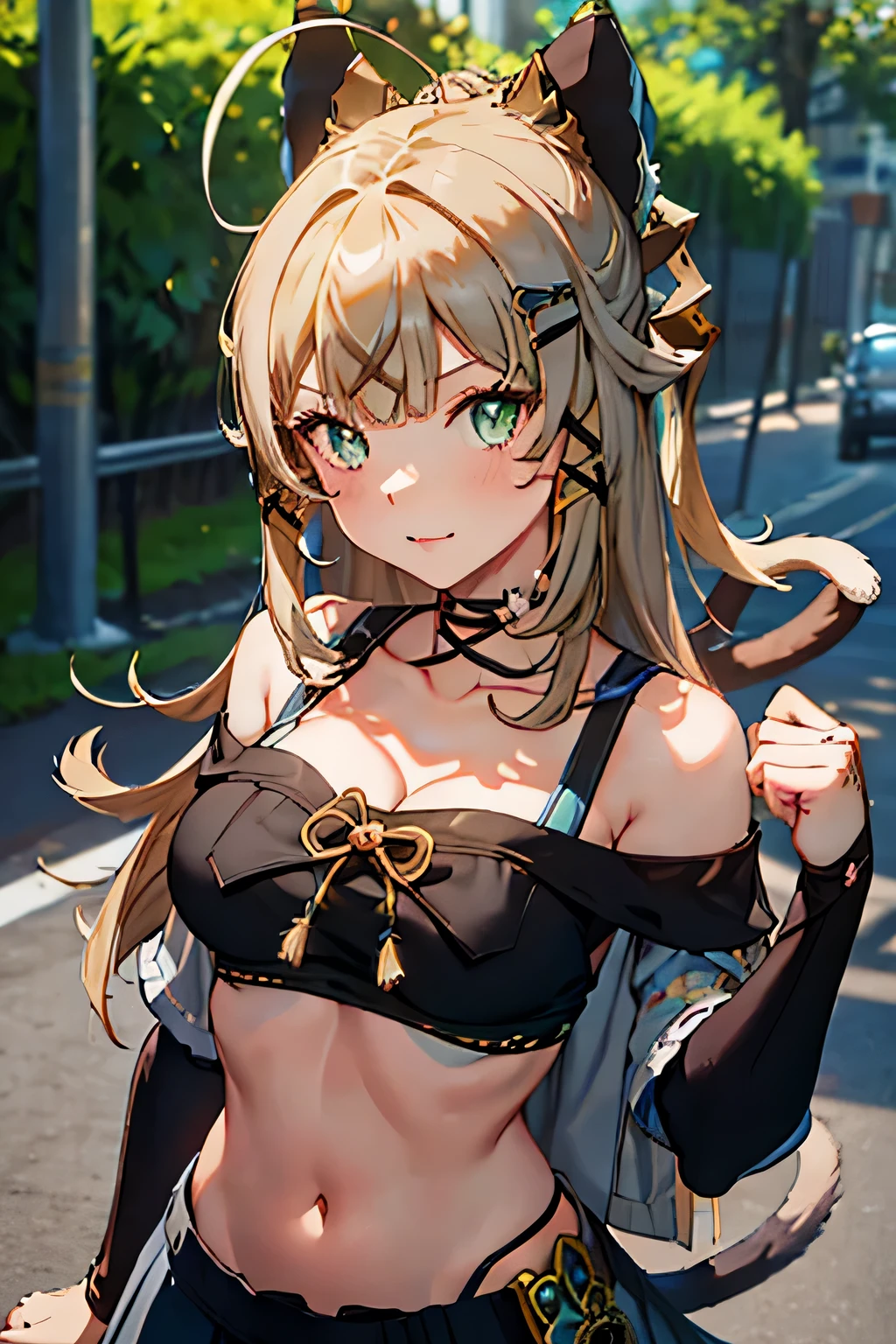master piece， best quality， 1 girl， gray background，（off shoulder outfit:1.3)，small breasts，cleavage，cat tail，Particle FX，close-up of upper body，street，Depth of bounds written