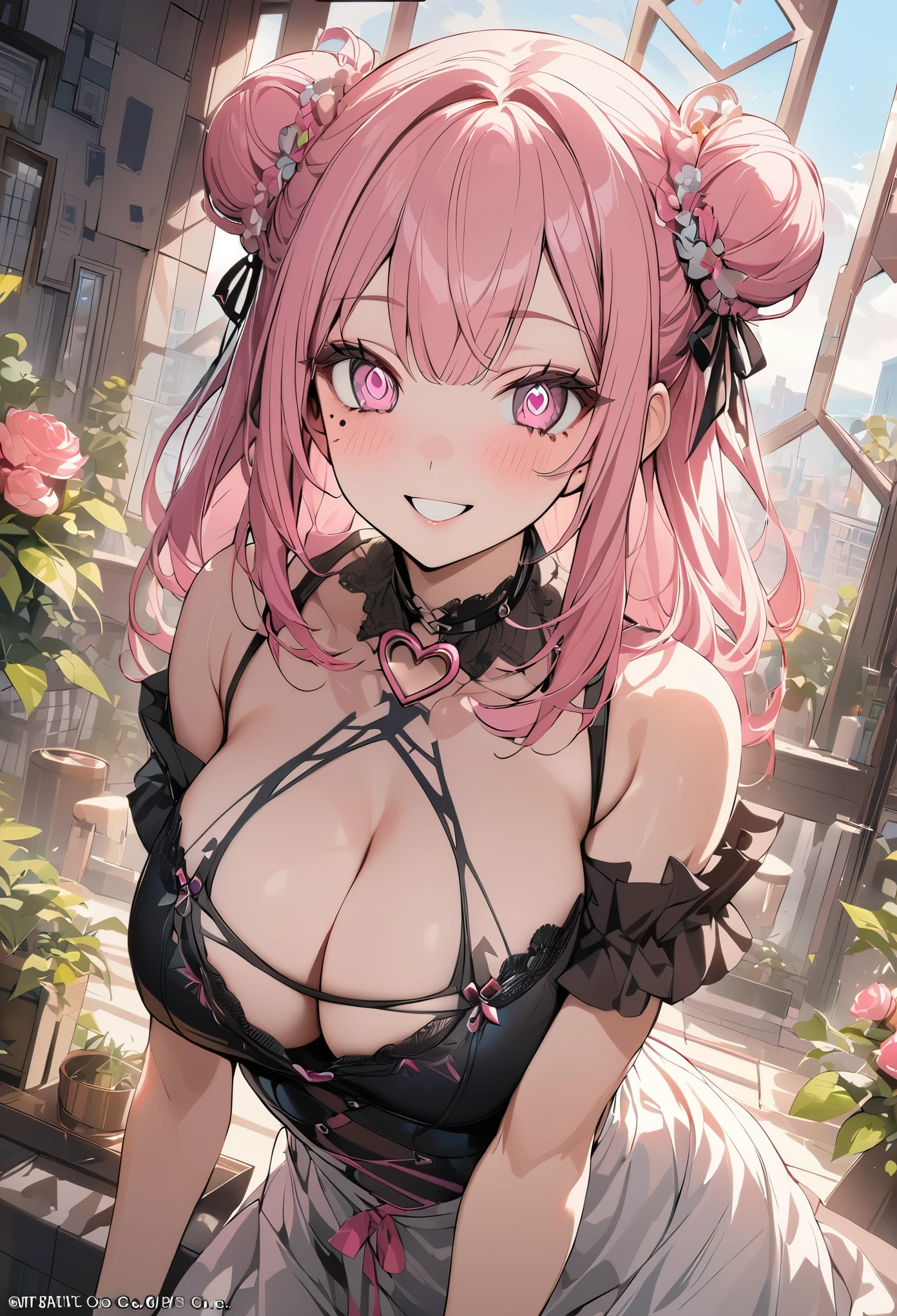 1 girl, pink long bun hair, heart shaped eyes,panda ears, {girl with pink bun bob hair、 named Nami}, (Pink eye color), {downtown}, (smile), bright background , mole under eye, heart shaped choker, (masterpiece, highest quality), very detailed, highest quality, official art, beautiful and aesthetic: 1.2), (1 girl), very detailed, (geometry art: 1.3), colorful, most detailed ?d1 girl, pink long bun hair, Eye of the symbol, +__+, big breasts, gothic costume, {A girl with long pink bun hair named Nami}, (Pink eye color), {downtown}, (smile), bright background, （garden,beautiful flower々）,mole under eye, heart shaped choker, (masterpiece, highest quality), official art, beautiful and aesthetic: 1.2), (1 girl), very detailed, (geometry art: 1.3), colorful