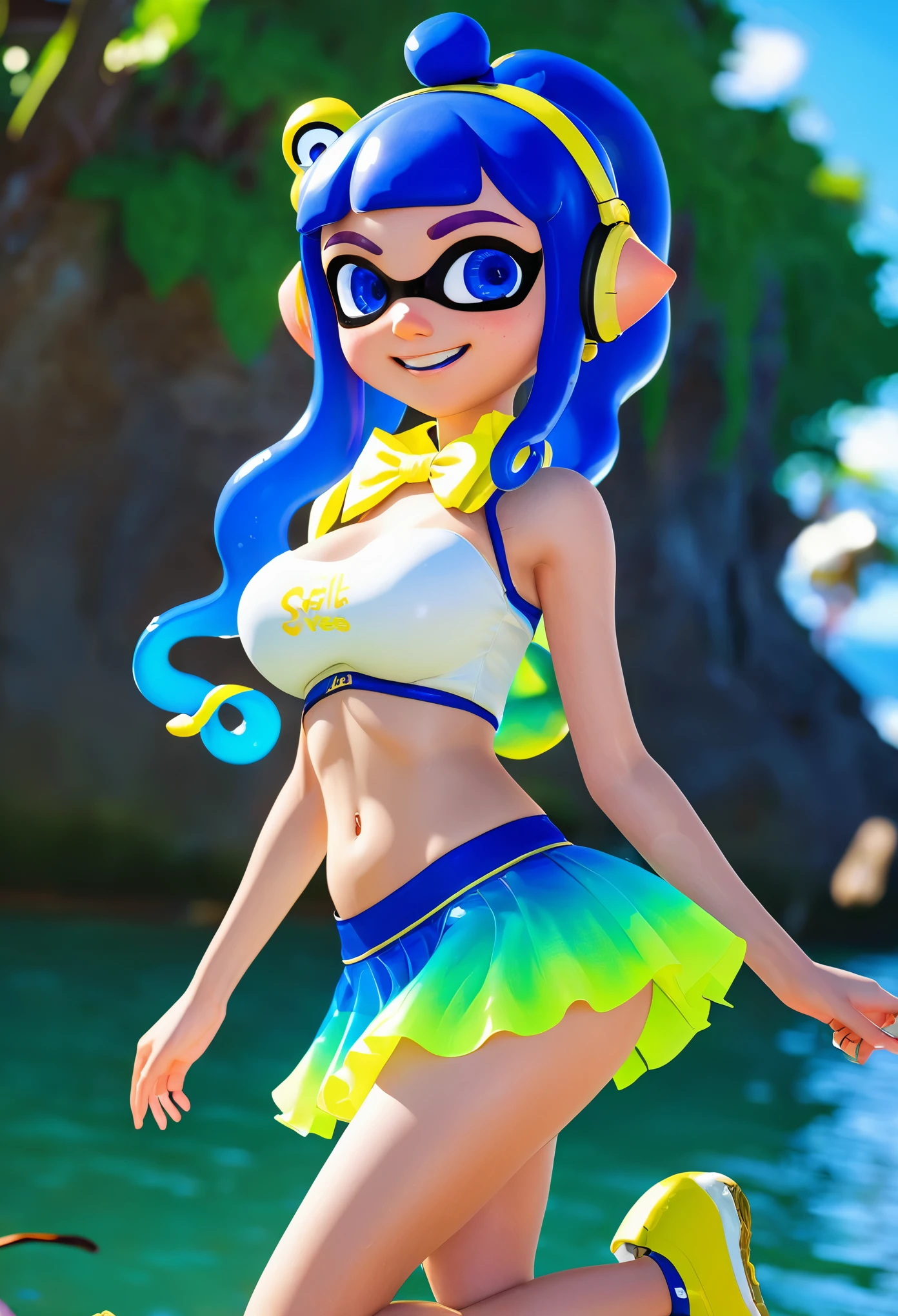 masterpiece、highest quality、High resolution、4k、1 beautiful girl、girl、splatoon inkling, tentacle hair、ink bomb、whole body、neon blue tentacle hair、ponytail tentacle hair、big ribbon、golden eyes、smile、cheek、super big breasts、cleavage、pointed earicro mini skirt、fashionable、Large accessories、wet body、outdoor、dynamic pose、