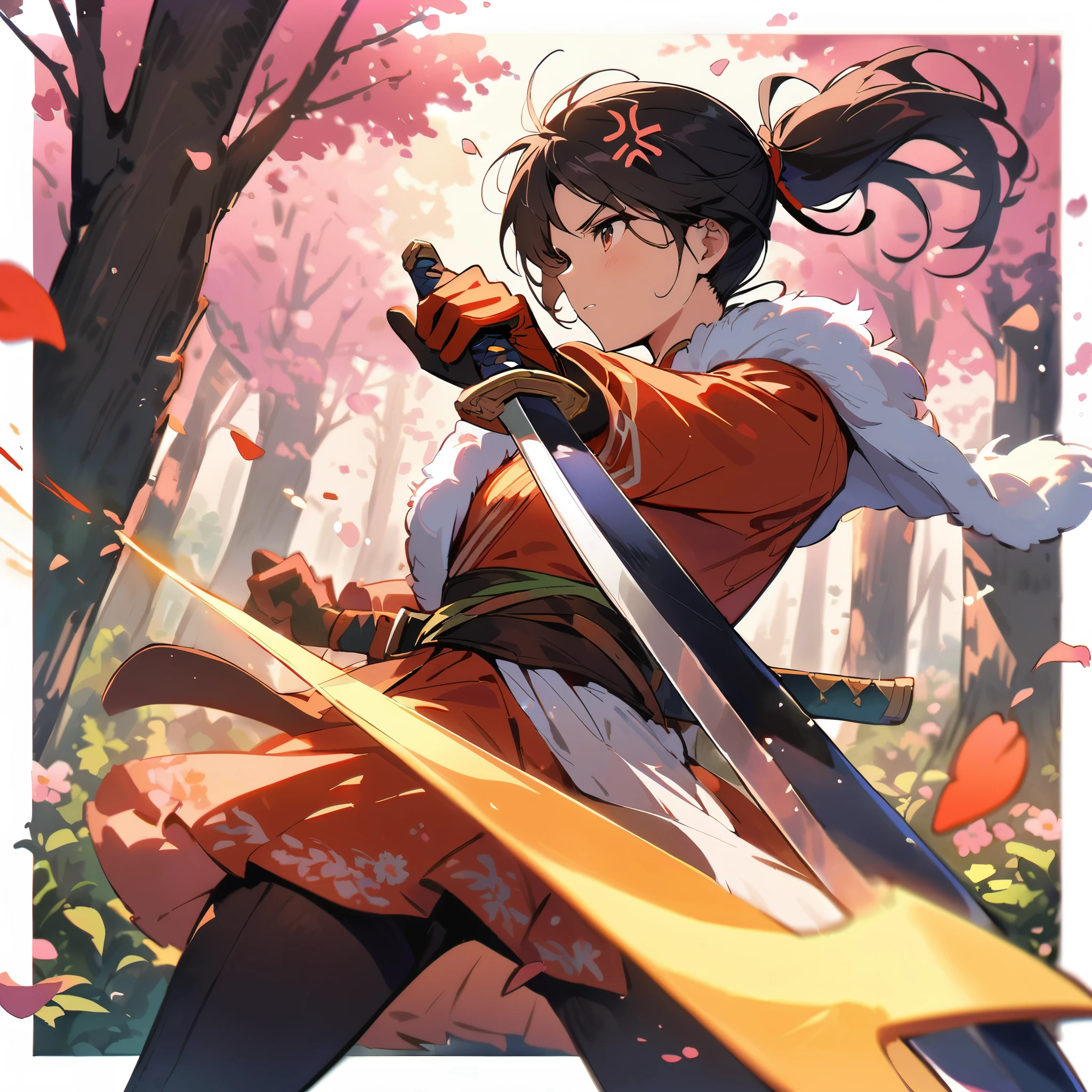 Spring Morning,(spring),(morning),(windy),(blood),(motion blur),(dress in white),Petals fluttering in the wind, shining swords, helpless expression, anger, fighting with death, very detailed expression, very detailed petals,ponytail, 2swordsman fighting,fight,gongfu,stand in trees, 2swordsman stood in a peach tree forest with petals dancing,petals , detailed ,completing the stable diffusion of serenity and contentment,masterpiece, best quality,masterpiece, best quality, swordman,holding a sword(trees:0.5),(eagle:0.5), (bamboo:0.2) fighting stance, 1man, glowing, solo, weapon, sword, tree, holding, gloves, outdoors, sheath, border, holding weapon, black hair, holding sword, fur trim, looking away,look at view