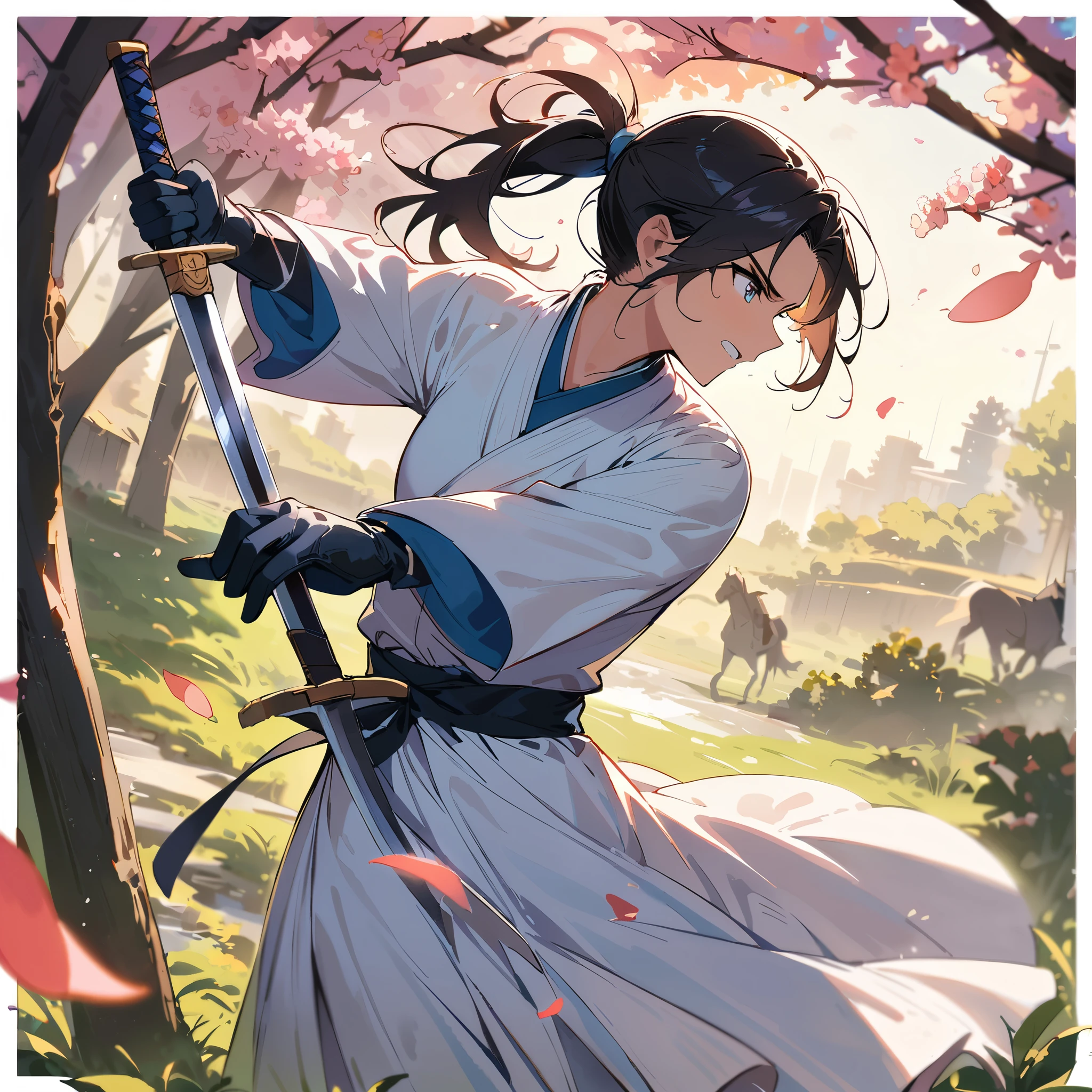 Spring Morning,(spring),(morning),(windy),(blood),(motion blur),(dress in white),Petals fluttering in the wind, shining swords, helpless expression, anger, fighting with death, very detailed expression, very detailed petals,ponytail, 2swordsman fighting,fight,gongfu,stand in trees, 2swordsman stood in a peach tree forest with petals dancing,petals , detailed ,completing the stable diffusion of serenity and contentment,masterpiece, best quality,masterpiece, best quality, swordman,holding a sword(trees:0.5),(eagle:0.5), (bamboo:0.2) fighting stance, 1man, glowing, solo, weapon, sword, tree, holding, gloves, outdoors, sheath, border, holding weapon, black hair, holding sword, fur trim, looking away,look at view