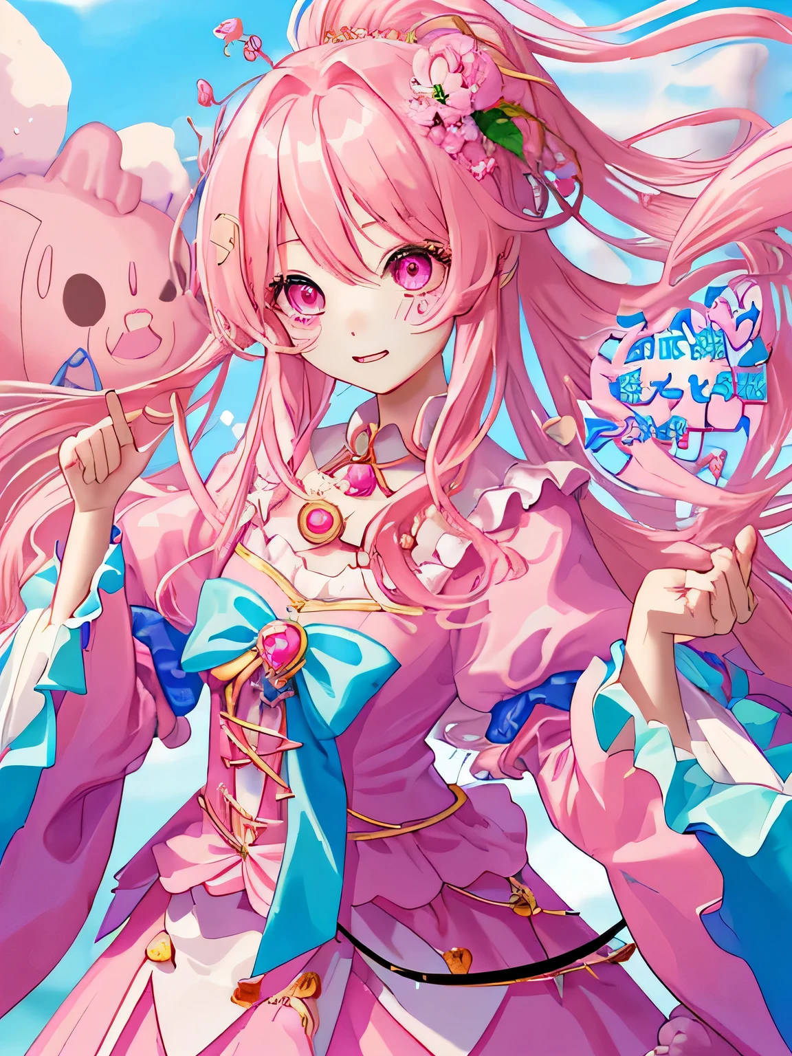 Xu high quality、Two-dimensional beautiful girl、cute、girl、light pink hair、The hairstyle is long hair、lots of races、clothes with pink jewels、cute costume、Original image 8K、Idol、live、that'winking at me、clothes with heart jewelry、independent、Clothes with a collar、Fluffy short sleeves、Fluffy skirt、zoom on face、The background is beautiful、super high quality、eyes are shining