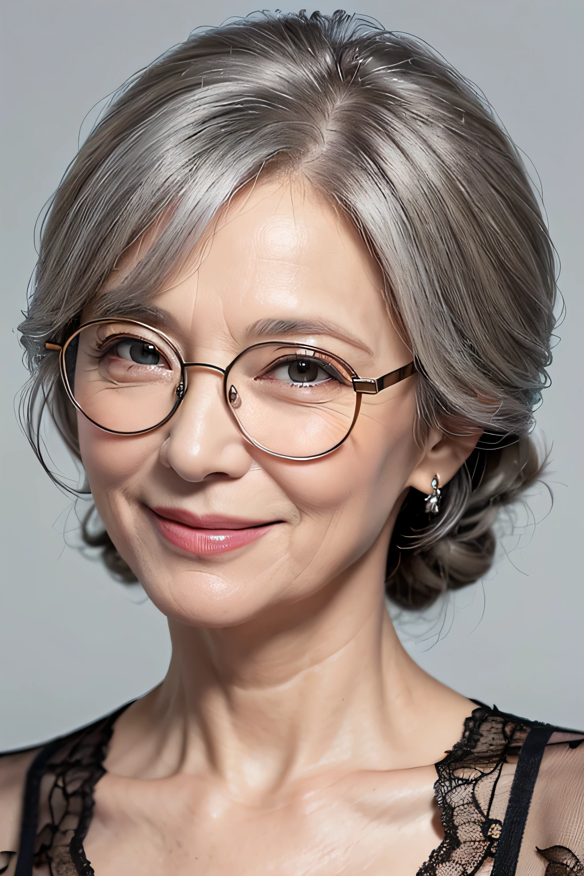 (Masterpiece:1.4),(60-year-old woman:1.4),(Wrinkles on the face1.2),smile,lingerie,gray hair,round glasses