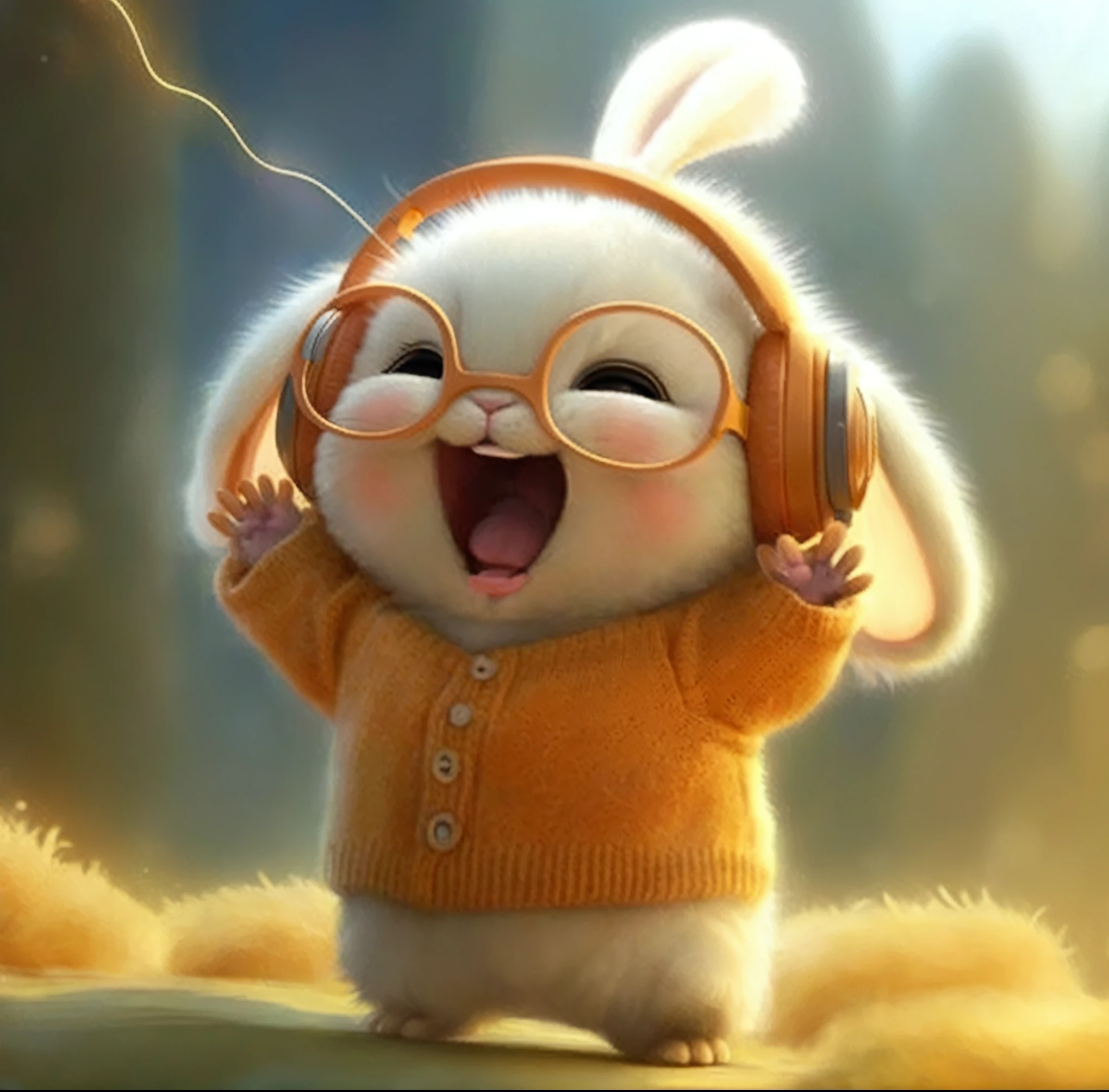 Close up of cartoon bunny wearing headphones and sweater, cute cartoon character, Cute anthropomorphic rabbit, cute digital painting, sing for you, cute characters, lovely art, cute cartoon, cute cartoon, lovely art品, Super cute, Accompanied by the resonance of music, Very cute, Super cute, cute cartoon style, Cute and funny, Very cute