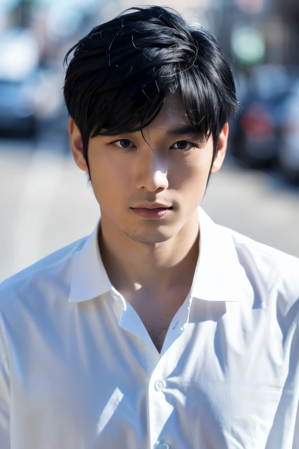 black hair asian man　white shirt　real