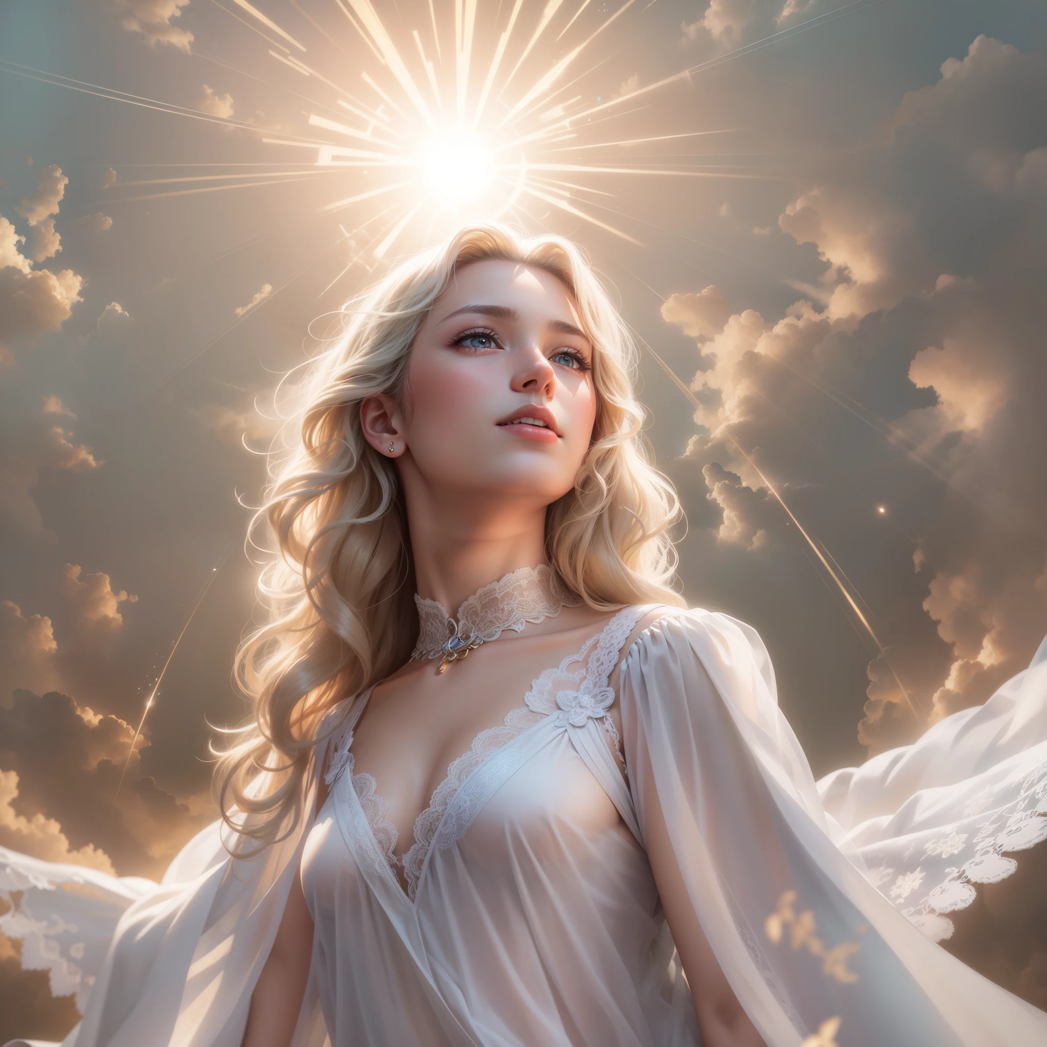 masterpiece, highest quality, 8K, real person, realistic, Very detailed CG, shiny skin, Fully focused, heaven, glory of god, shine, Angel, bless, happiness,