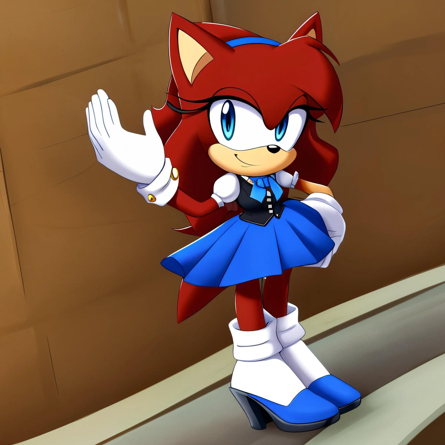 Female, Mobian, Hedgehog, crimson red fur, blue eyes, ((very long wavy quills/hair)), hair bangs, ((solo)), ((1girl)), one hand on hip, masterpiece, best quality, 1girl, solo, breasts, looking at viewer, smile, skirt, shirt, gloves, dress, standing, full body, short sleeves, puffy sleeves, collared shirt, white gloves, vest, arm up, high heels, puffy short sleeves, ascot, buttons, happy, blue dress, furry, black vest, body fur, blue ascot, blue eyes, furry female, sonic the hedgehog \(series\), perfect anatomy, black vest, puffy sleeves, blue dress