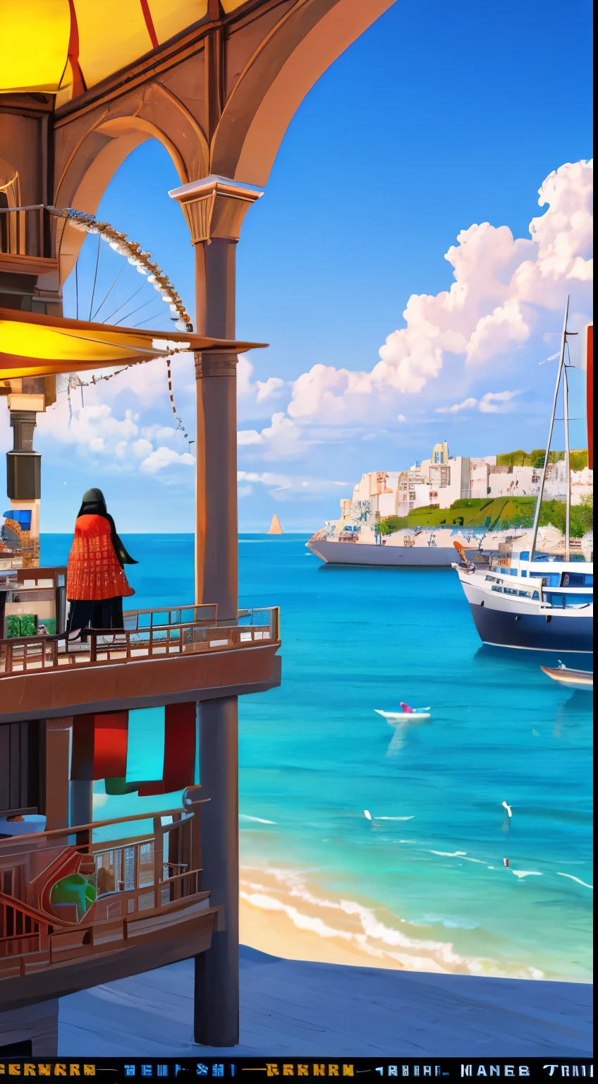 Create a captivating digital artwork depicting serene and beautiful (futuristic) Palestine oceanfront life, featuring including men wearing traditional keffiyeh, women wearing hijab, children playing. Pleasure boats in the water, a seaside bazaar, beautiful beach, vibrant colors. Highlight the beauty of the surroundings with surreal landscapes. Let the scene evoke a sense of hope, harmony, and progress amidst the rich cultural heritage of Palestine.