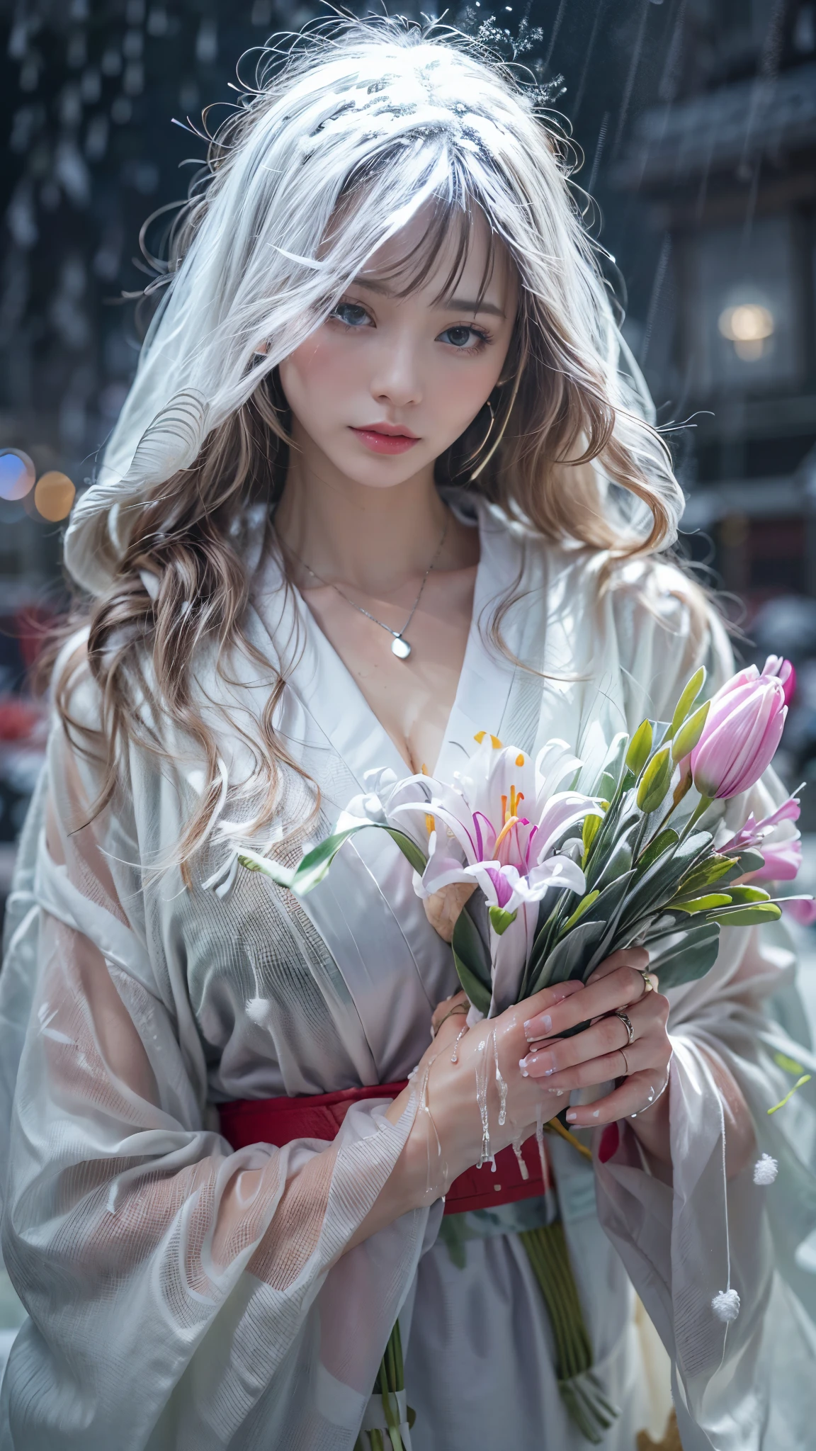 (iu:0.8),((big breasts)), RAW, Best quality, high resolution, Masterpiece: 1.3, beautiful Javanese girl in see-through hijab, Masterpiece, Perfect slim body, Beautiful big eyes, Soft smile, Wearing see-through satin clothes look, red rose color mixed with black, beautiful appearance, modern pom-pom hijab, shy, medium portrait, watery eyes, luminous particles, blue bokeh light background, bright headlights, high quality, very detailed, 8k, smile and beautiful look