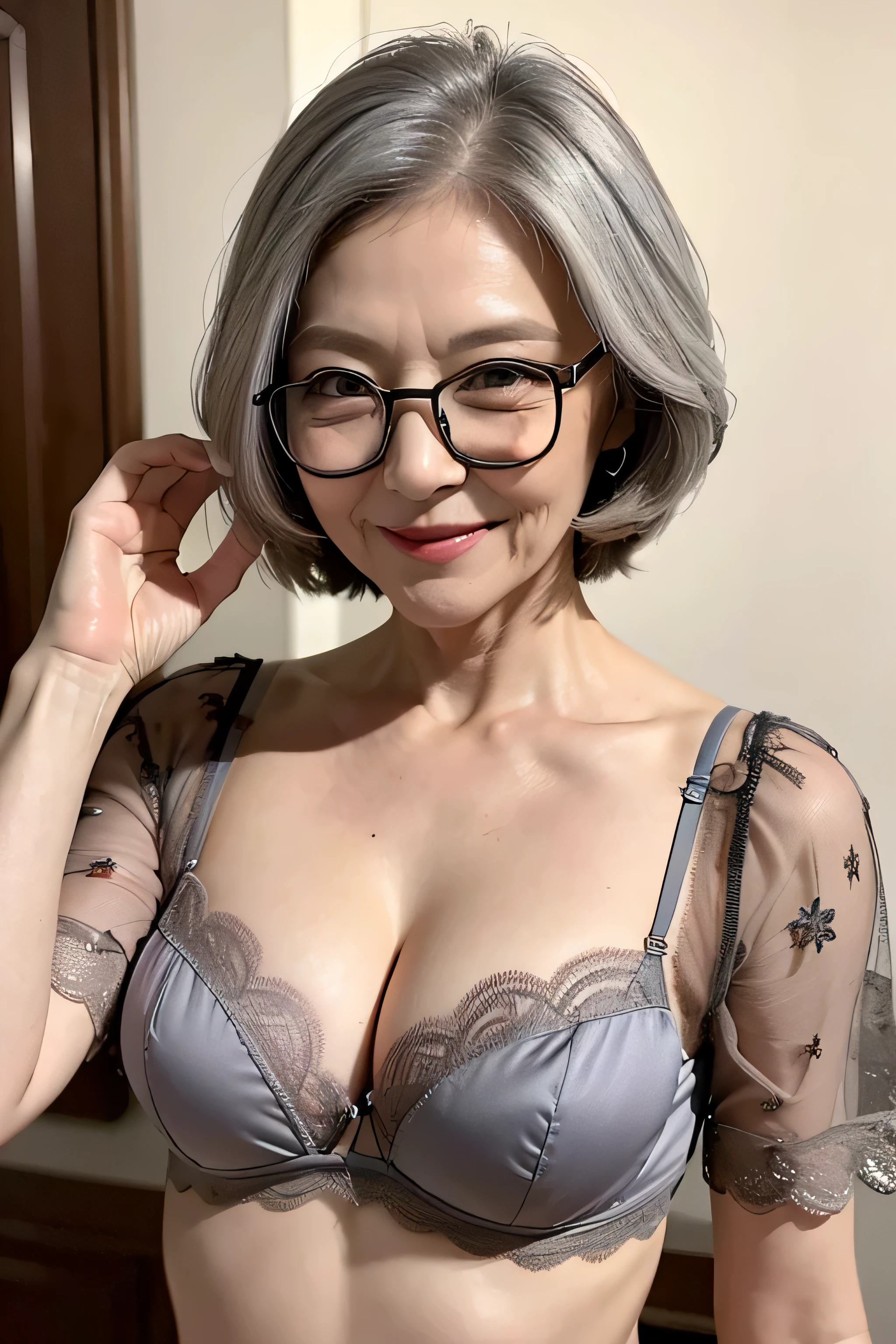 (Masterpiece:1.4),(60-year-old woman:1.4),(Wrinkles on the face1.2),smile,lingerie,gray hair,square glasses