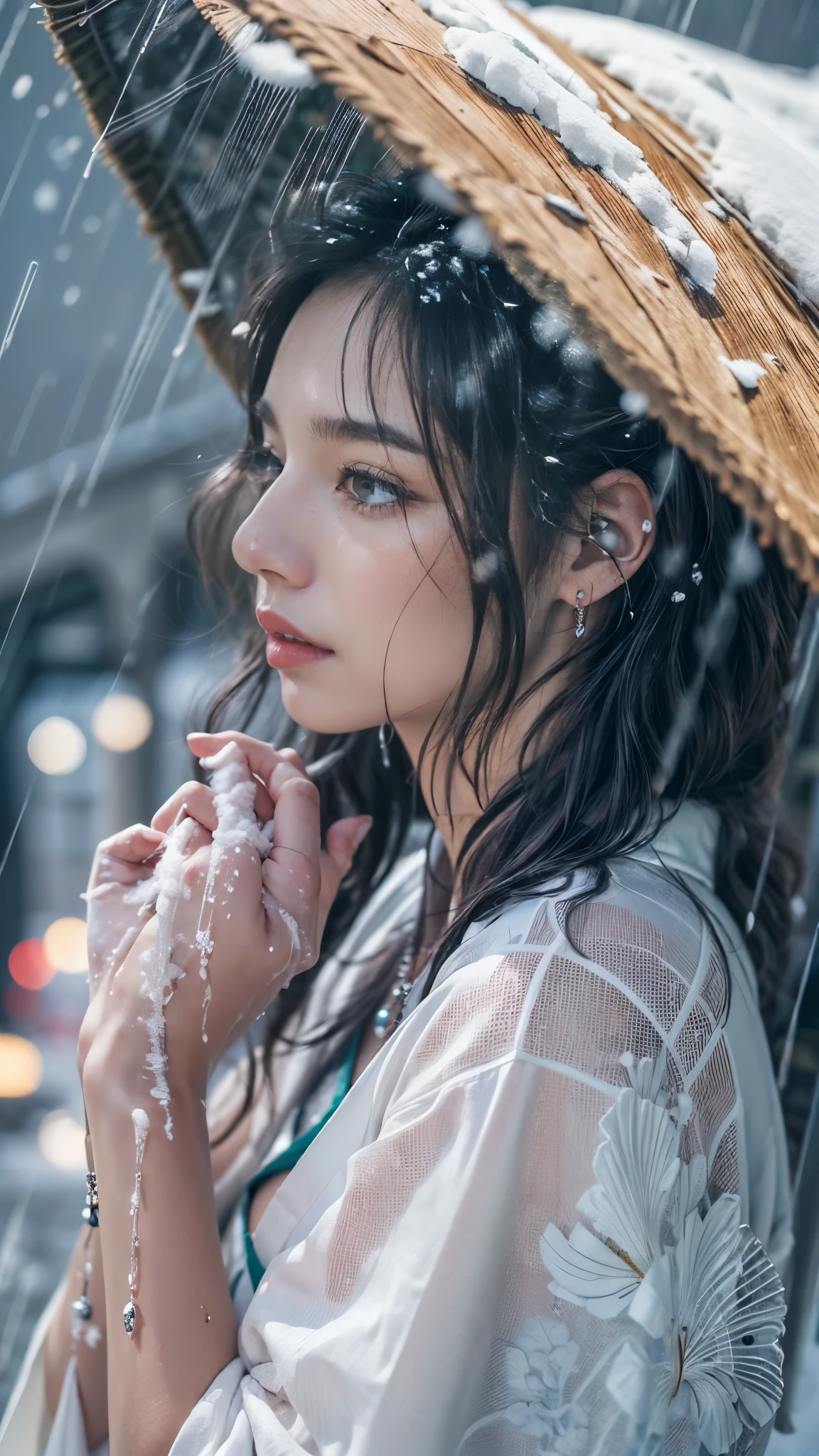 (RAW shooting, Photoreal:1.5, 8K, highest quality, masterpiece, ultra high resolution), ((((heavy snow, Blizzard)))), Highly detailed skin and facial textures:1.3, perfect dynamic composition:1.2, (In front of a shrine at night in a modern city, expression of sadness:1.0, Tears are flowing:1.0, cry with a broken heart:1.0), Slim office lady wet in the rain:1.3, cowboy shot, Fair skin:1.2, sexy beauty:1.1, perfect style:1.2, beautiful and aesthetic:1.1, very beautiful face:1.2, water droplets on the skin, (rain drips all over my body:1.2, wet body:1.2, wet hair:1.3), (Professional kimono dressing:1.1, Holding a bouquet of wet lilies:1.2, How to wear a wet pure white kimono properly:1.3), (Medium chest, Bra is transparent, Chest gap), (Eyes that feel beautiful eros:0.8, Too erotic:0.8, Bewitching:0.8), necklace, earrings, bracelet, wedding ring, Highly detailed hand and finger expressions