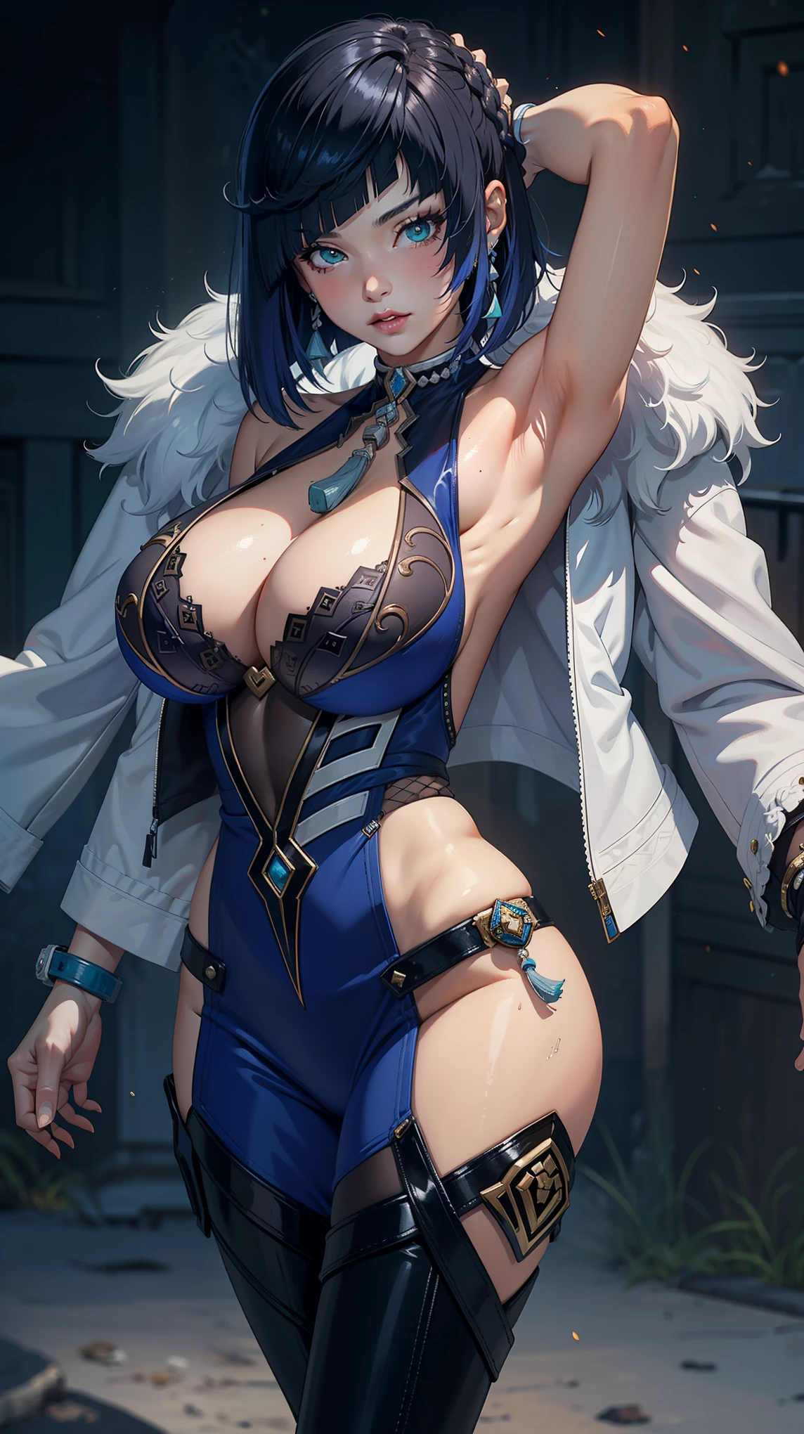Masterpiece, high quality, 8k, ultra detailed, detailed face, huge breast, detail face, standing, nigh, blush, (bare thigh), yelandef, (armpit)