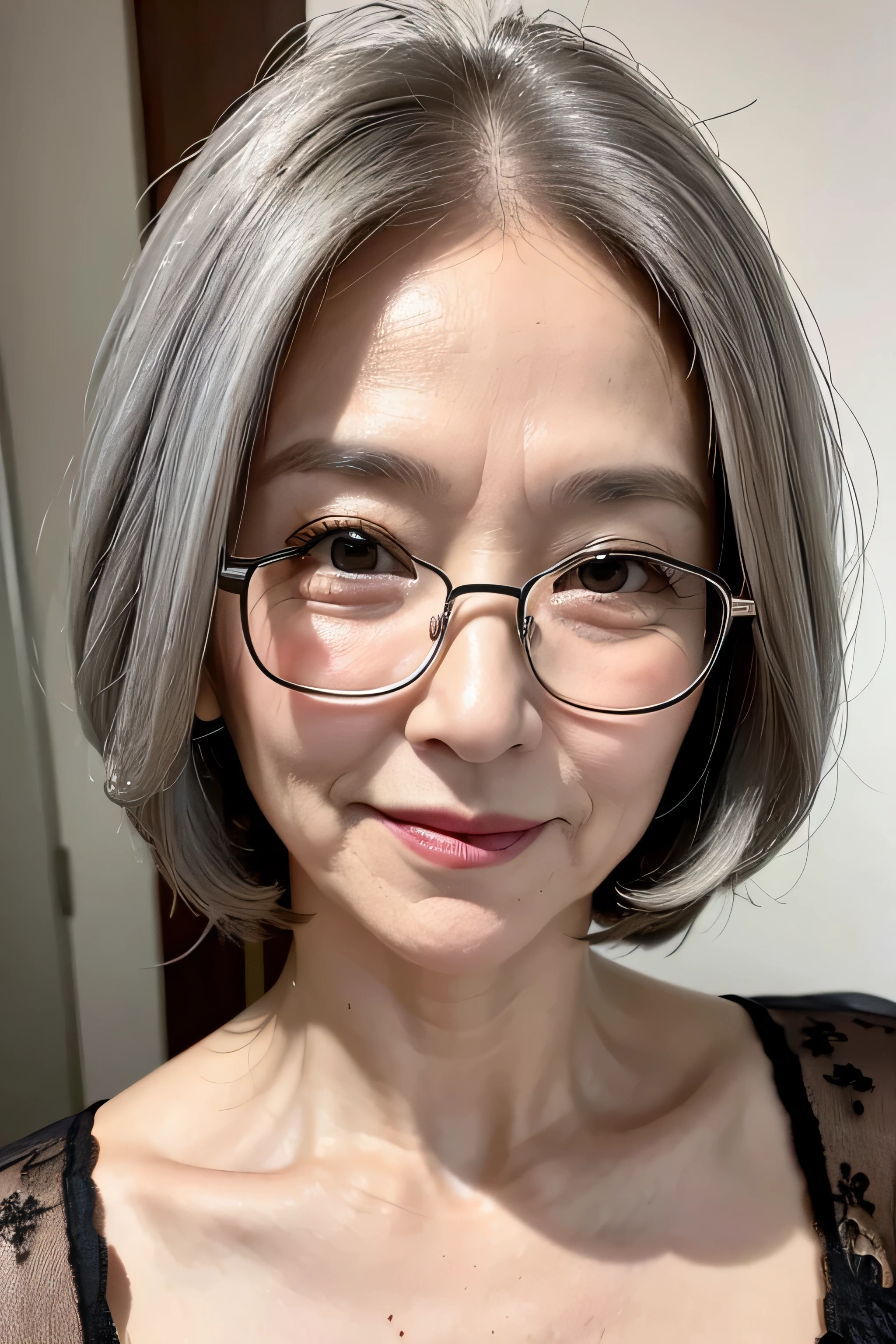 (Masterpiece:1.4),(60-year-old woman:1.4),(Wrinkles on the face1.2),smile,lingerie,gray hair,square glasses