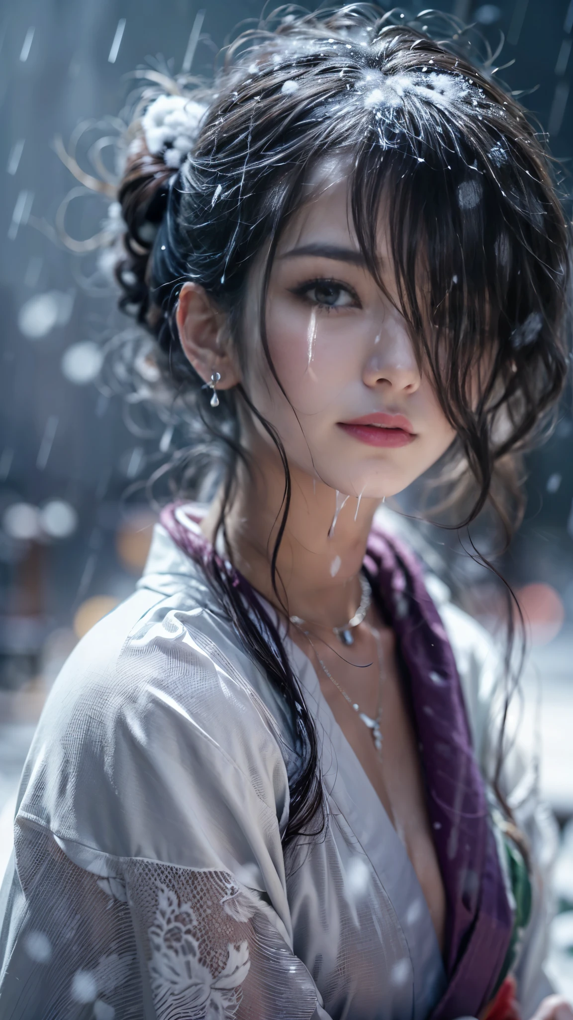 (RAW shooting, Photoreal:1.5, 8K, highest quality, masterpiece, ultra high resolution), ((((heavy snow, Blizzard)))), Highly detailed skin and facial textures:1.3, perfect dynamic composition:1.2, (In front of a shrine at night in a modern city, expression of sadness:1.0, Tears are flowing:1.0, cry with a broken heart:1.0), Slim office lady wet in the rain:1.3, cowboy shot, Fair skin:1.2, sexy beauty:1.1, perfect style:1.2, beautiful and aesthetic:1.1, very beautiful face:1.2, water droplets on the skin, (rain drips all over my body:1.2, wet body:1.2, wet hair:1.3), (Professional kimono dressing:1.1, Holding a bouquet of wet lilies:1.2, How to wear a wet pure white kimono properly:1.3), (Medium chest, Bra see-through, Chest gap),  (Eyes that feel beautiful eros:0.8, Too erotic:0.8, Bewitching:0.8), necklace, earrings, bracelet, wedding ring, Highly detailed hand and finger expressions