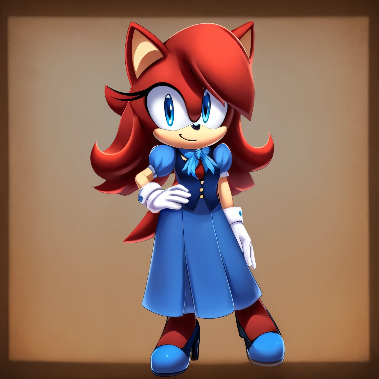 Female, Mobian, Hedgehog, crimson red fur, blue eyes, ((very long wavy quills/hair)), hair bangs, ((solo)), ((1girl)), one hand on hip, masterpiece, best quality, 1girl, solo, breasts, looking at viewer, smile, long skirt, shirt, gloves, long dress, standing, full body, short sleeves, puffy sleeves, collared shirt, white gloves, vest, arm up, black high heels, puffy short sleeves, ascot, buttons, happy, blue dress, furry, black vest, body fur, blue ascot, blue eyes, furry female, sonic the hedgehog \(series\), perfect anatomy, black vest, puffy sleeves, blue dress, hands in front of each other in a polite manner