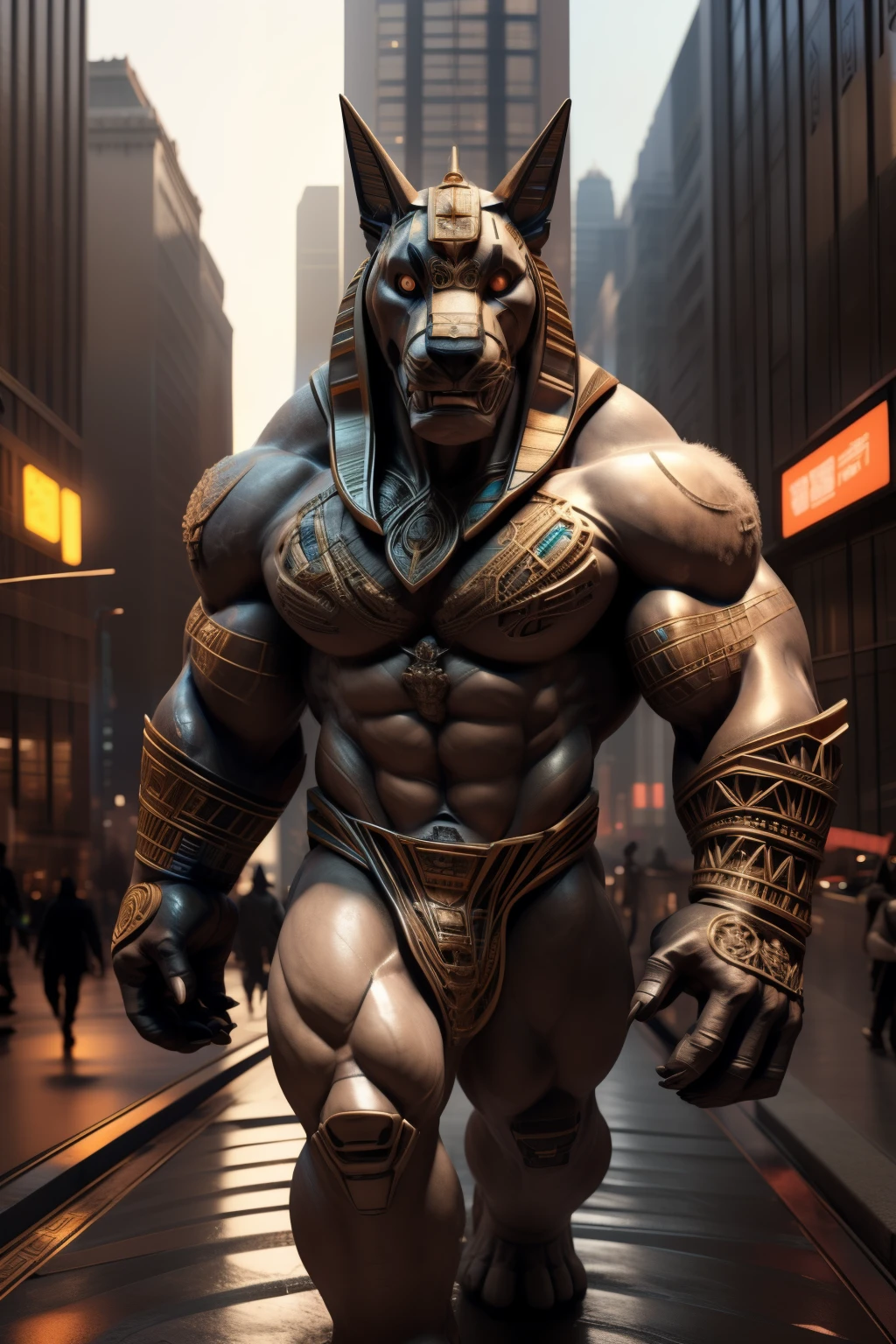 3D render of a highly detailed and realistic Transformer giant robot, meticulously crafted to resemble Anubis, the awe-inspiring Egyptian god of death. This extraordinary creation boasts a muscular humanoid body adorned with intricate hieroglyphic patterns, while its imposing jackal head is a masterful blend of delicate features and piercing, intricate eyes. Crafted using the unparalleled Unreal Engine, this visual masterpiece showcases the highest quality of artistry and attention to detail, leaving viewers in awe.

Atop the iconic Empire State Building, the colossal figure of Transformer Anubis casts an imposing silhouette against the vibrant backdrop of New York City. Captured from a full body angle view, the scene is bathed in the warm glow of a radiant lens flare, adding a