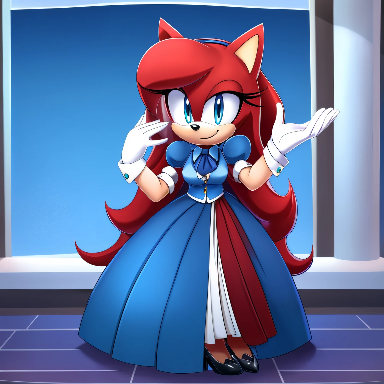 Female, Mobian, Hedgehog, crimson red fur, blue eyes, ((very long wavy quills/hair)), hair bangs, ((solo)), ((1girl)), one hand on hip, masterpiece, best quality, 1girl, solo, breasts, looking at viewer, smile, long skirt, shirt, gloves, long dress, standing, full body, short sleeves, puffy sleeves, collared shirt, white gloves, vest, arm up, black high heels, puffy short sleeves, ascot, buttons, happy, blue dress, furry, black vest, body fur, blue ascot, blue eyes, furry female, sonic the hedgehog \(series\), perfect anatomy, black vest, puffy sleeves, blue dress, hands in front of each other in a polite manner