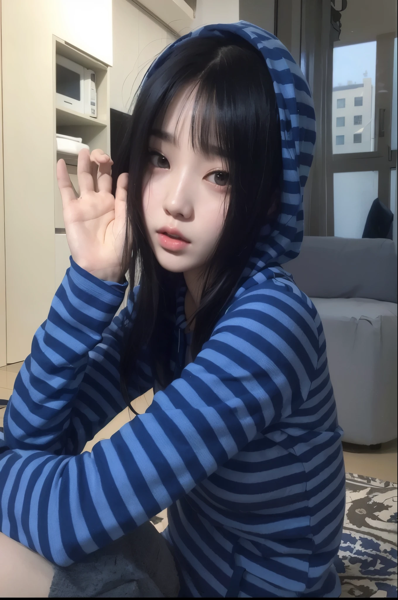 arafed asian woman in a blue and black striped hoodie, ulzzang, jaeyeon nam, she has black hair with bangs, jinyoung shin, lalisa manobal, sun yunjoo, wan adorable korean face, shikamimi, korean girl, with full bangs, with bangs, junko enoshima, iu lee ji-eun as a super villain