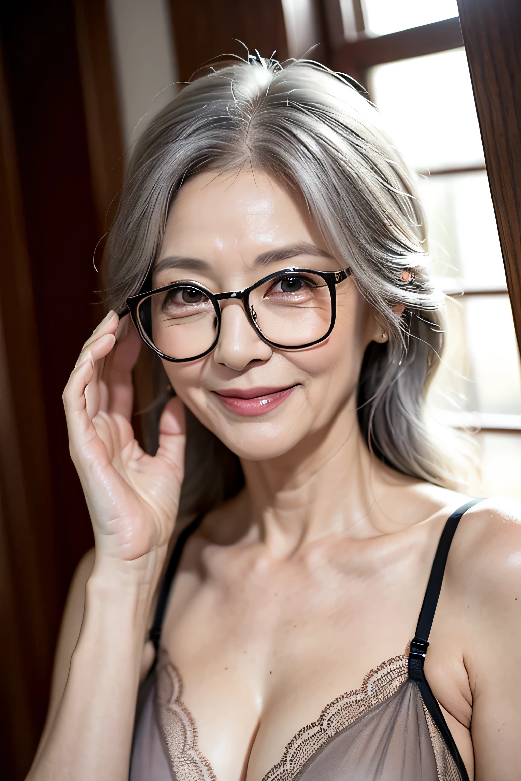 (Masterpiece:1.4),(60-year-old woman:1.4),(Wrinkles on the face1.2),smile,lingerie,gray hair,square glasses