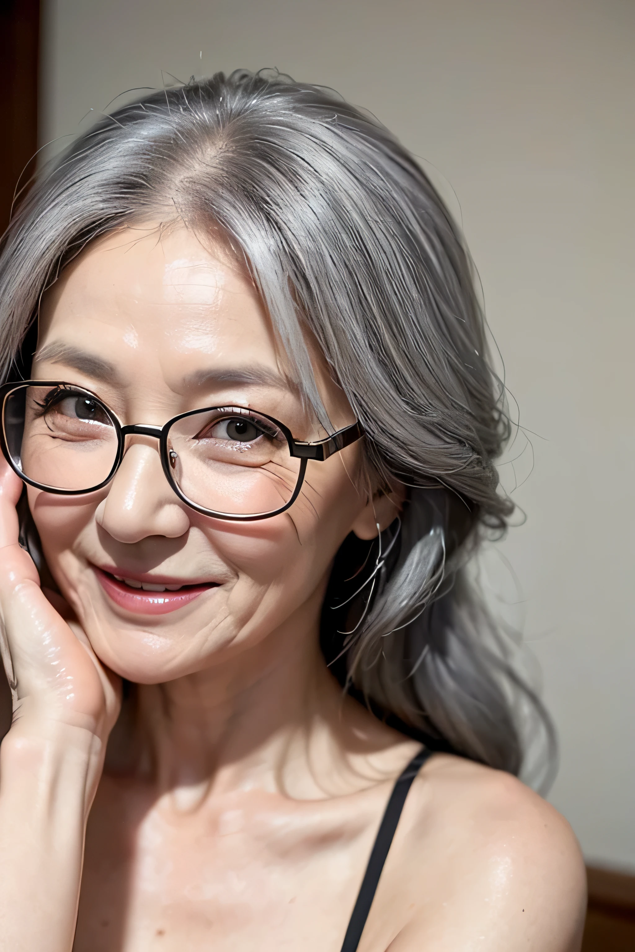 (Masterpiece:1.4),(60-year-old woman:1.4),(Wrinkles on the face1.2),smile,lingerie,gray hair,square glasses