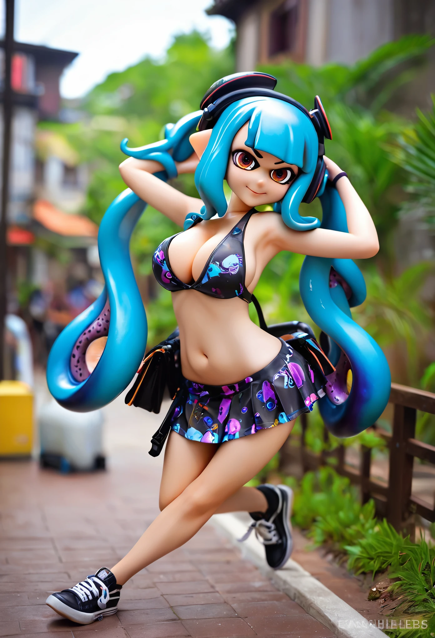 masterpiece、highest quality、High resolution、4k、1 beautiful girl、girl、splatoon inkling, tentacle hair、ink bomb、whole body、neon blue tentacle hair、ponytail tentacle hair、big ribbon、golden eyes、smile、cheek、super big breasts、cleavage、pointed earicro mini skirt、fashionable、Large accessories、wet body、outdoor、dynamic pose、