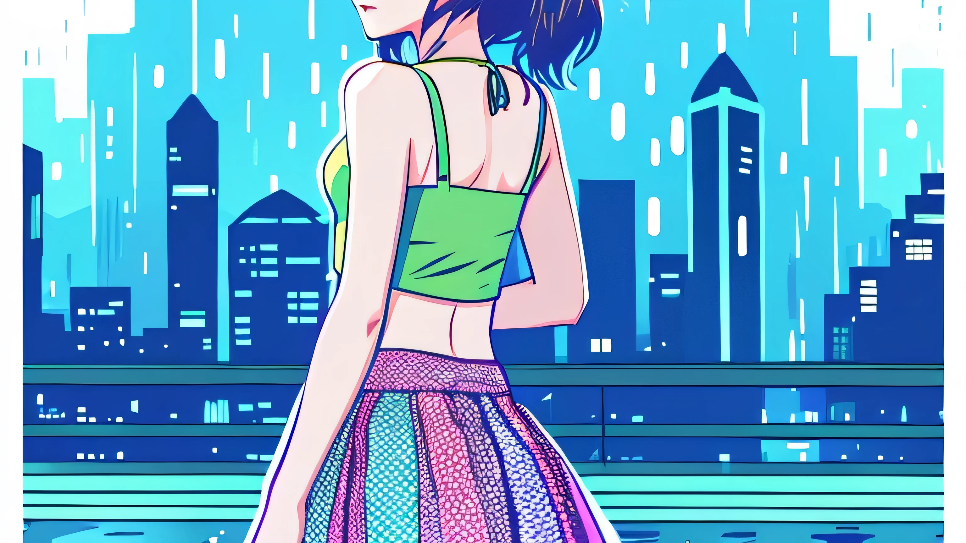 after the rain　city　dancing woman　back view　An illustration　anime