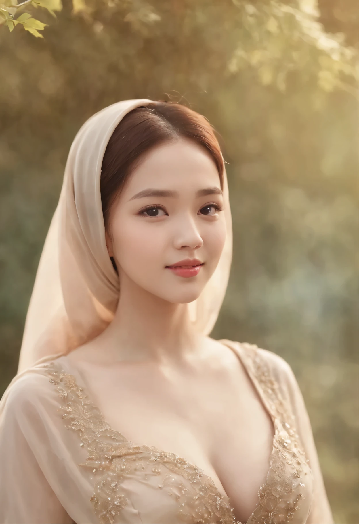 (Huge brested: 1.8), a young korean girl wearing a long silky dress, she wear hijab, showed massive breast, beautiful smile, look at camera,
