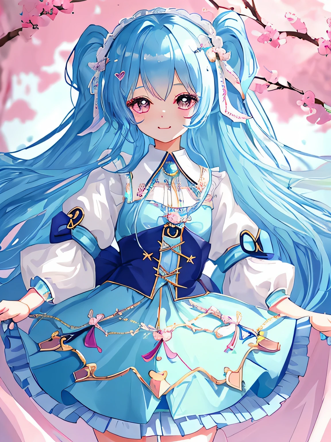 Xu high quality、Two-dimensional beautiful girl、cute、girl、very light blue hair、The hairstyle is long hair、lots of races、clothes with light blue jewels、cute costume、Original image 8K、Idol、live、that&#39;winking at me、clothes with heart jewelry、independent、Clothes with a collar、Fluffy short sleeves、Fluffy skirt、zoom on face、The background is beautiful、super high quality、eyes are shining