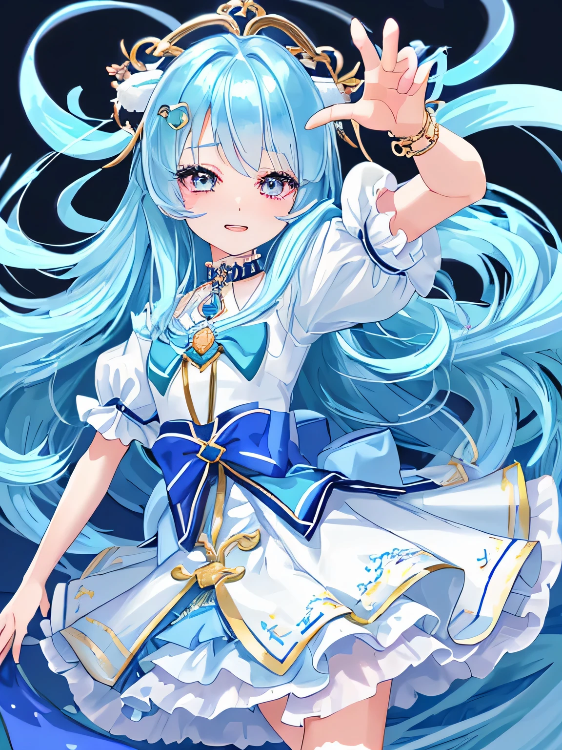 Xu high quality、Two-dimensional beautiful girl、cute、girl、very light blue hair、The hairstyle is long hair、lots of races、clothes with light blue jewels、cute costume、Original image 8K、Idol、live、that'winking at me、clothes with heart jewelry、independent、Clothes with a collar、Fluffy short sleeves、Fluffy skirt、zoom on face、The background is beautiful、super high quality、eyes are shining