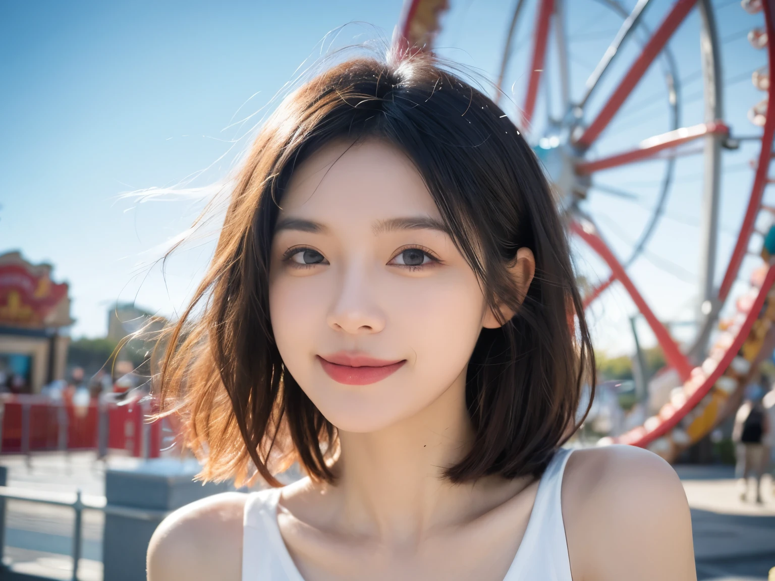 dynamic angle, amusement park, diffused natural sunlight, depth of field, A short-haired girl, smiling, dynamic posing, look at viewer, diffused natural skin glow, masterpiece, best quality, realistic, raw photo, detailed background