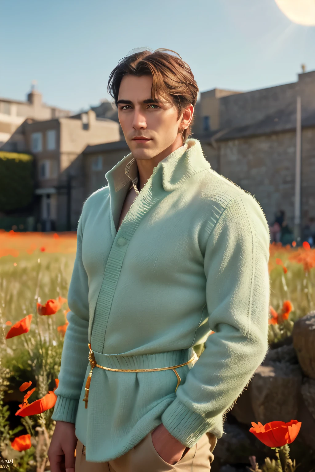 he is as handsome as the icy sun god Apollo.

With a noble and aloof countenance, he is as handsome as the icy sun god. As time passes, he remains as arrogant as ever, yet even more cold. Despite the coldness, his noble and elegant aristocratic demeanor is as captivating as poppies.

The man's face is somewhat obscured by a strong halo of light, but his handsome and towering figure, intense dark green eyes, proud and cold chin, and aristocratically indifferent temperament make him seem unapproachable.

In the golden sunlight, his figure stands proudly straight, with that beautiful green lace wrapped around his wrist.