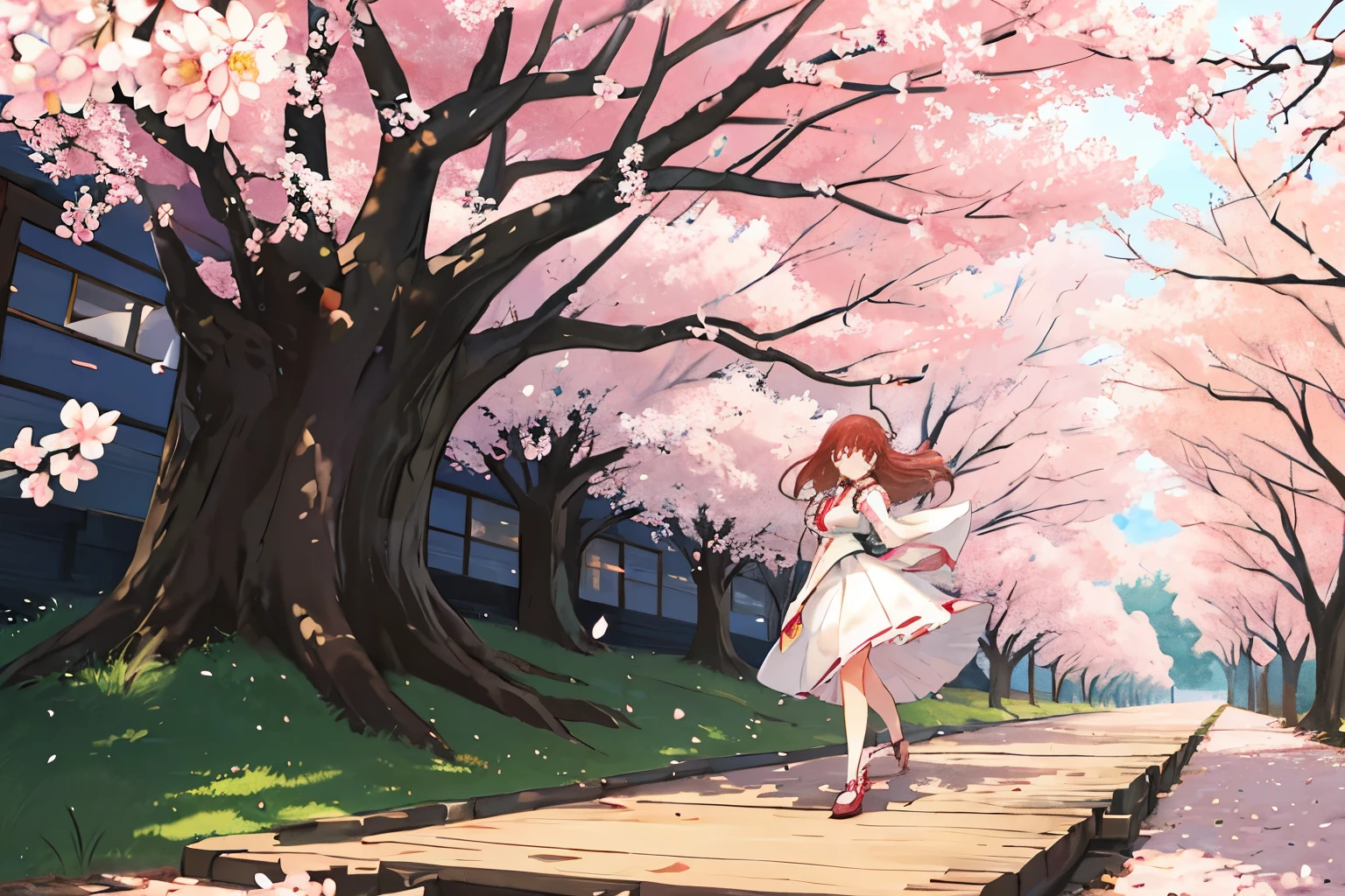 Asuka Langley, clad in a traditional high , strolls along a picturesque row of blooming cherry blossom trees. The wind gently rustles her long, dark hair as she looks up at the canopy above, her expression wistful. Her skirtflutters around her knees, revealing a flash of blush-colored socks peeking out from underneath. Sakura Fubuki, the stunning backdrop of vibrant pink cherry blossoms, blankets the scene, with their fragile petals dancing in the soft breeze. The sun casts a warm, golden light over the entire scene, creating a magical and serene atmosphere.

This illustration embodies the