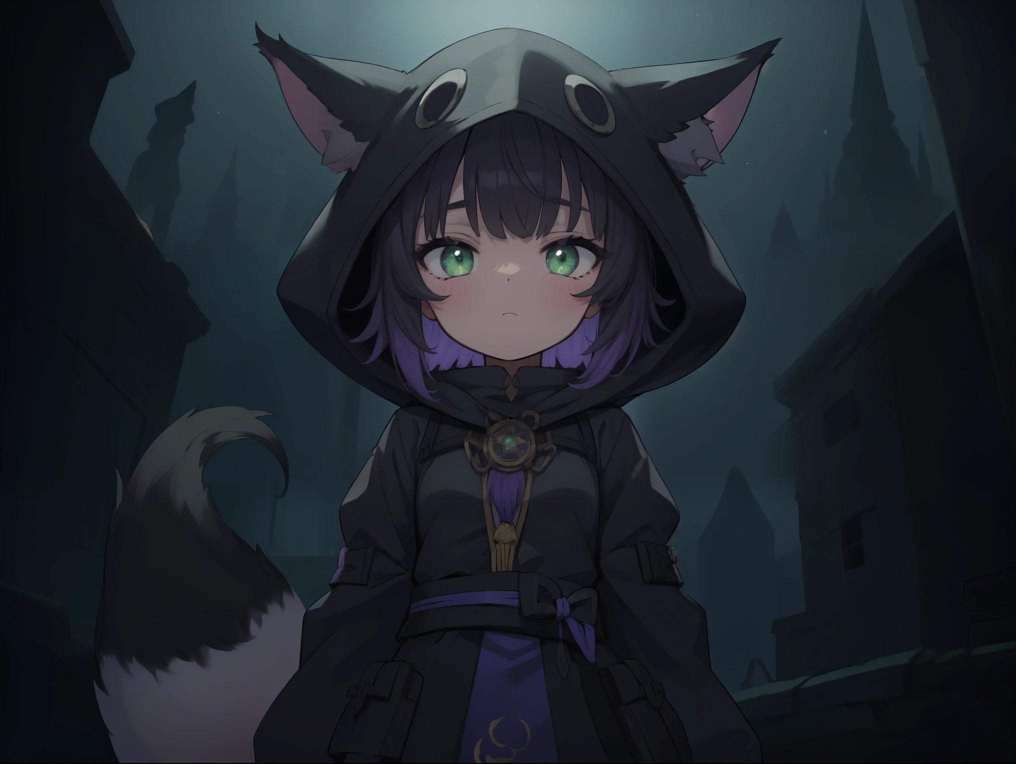 ((solo)), ((li)), solo, ((short black hair)), ((purple highlights)), bangs, (((black fox ears))), black fox tail, green eyes, (hood up), black fantasy tunic, smooth body, small breasts, (purple amulet), ((standing)), blue aura, midnight, fantasy town setting, ((dark setting)), ((up close)), Very good figure, cinematic lighting, volume lighting, bright tone, warm color, colorful, masterpiece, super detail, high quality, best quality, highres, 16k,